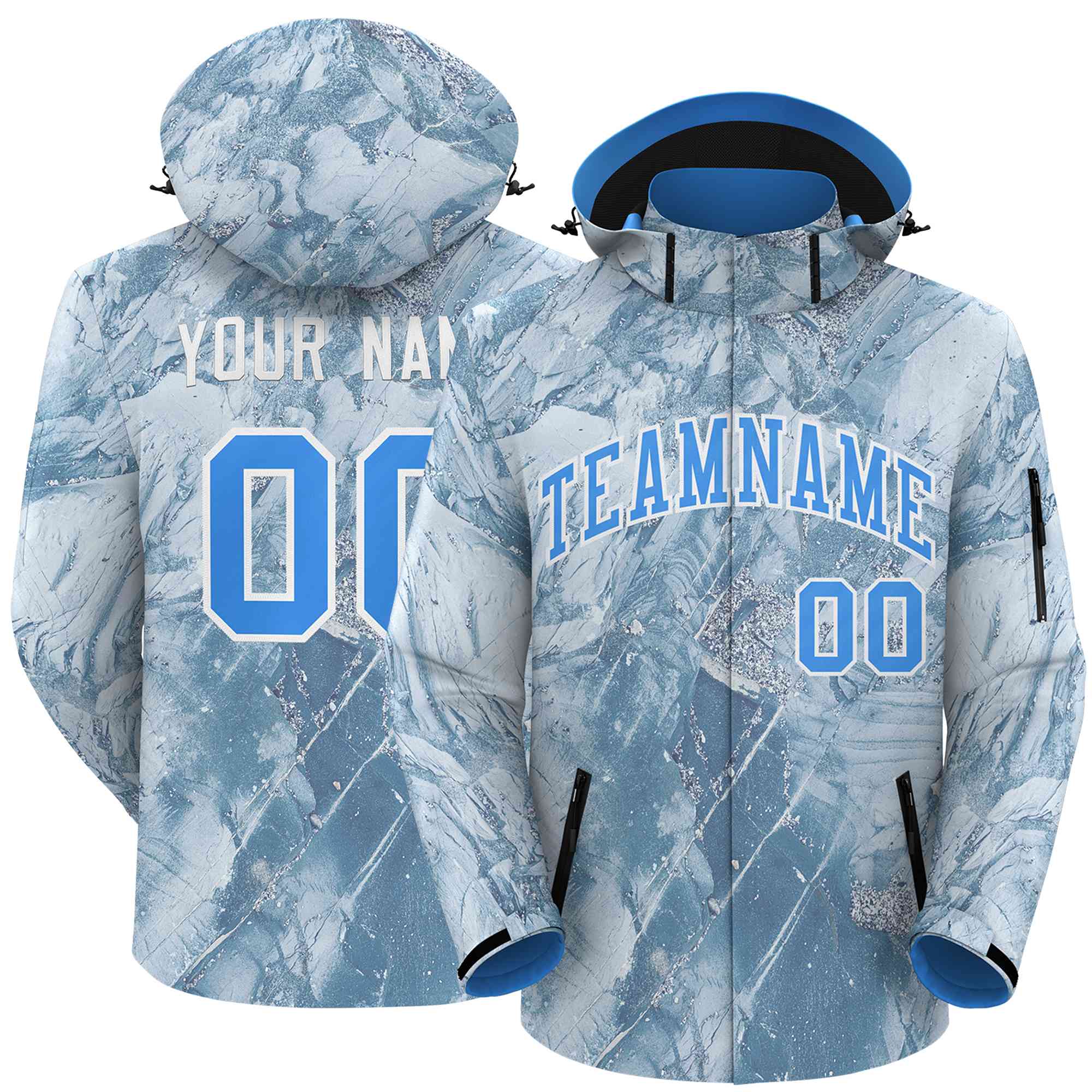 Custom Powder Blue White Graffiti Pattern Personalized Outdoor Hooded Waterproof Jacket