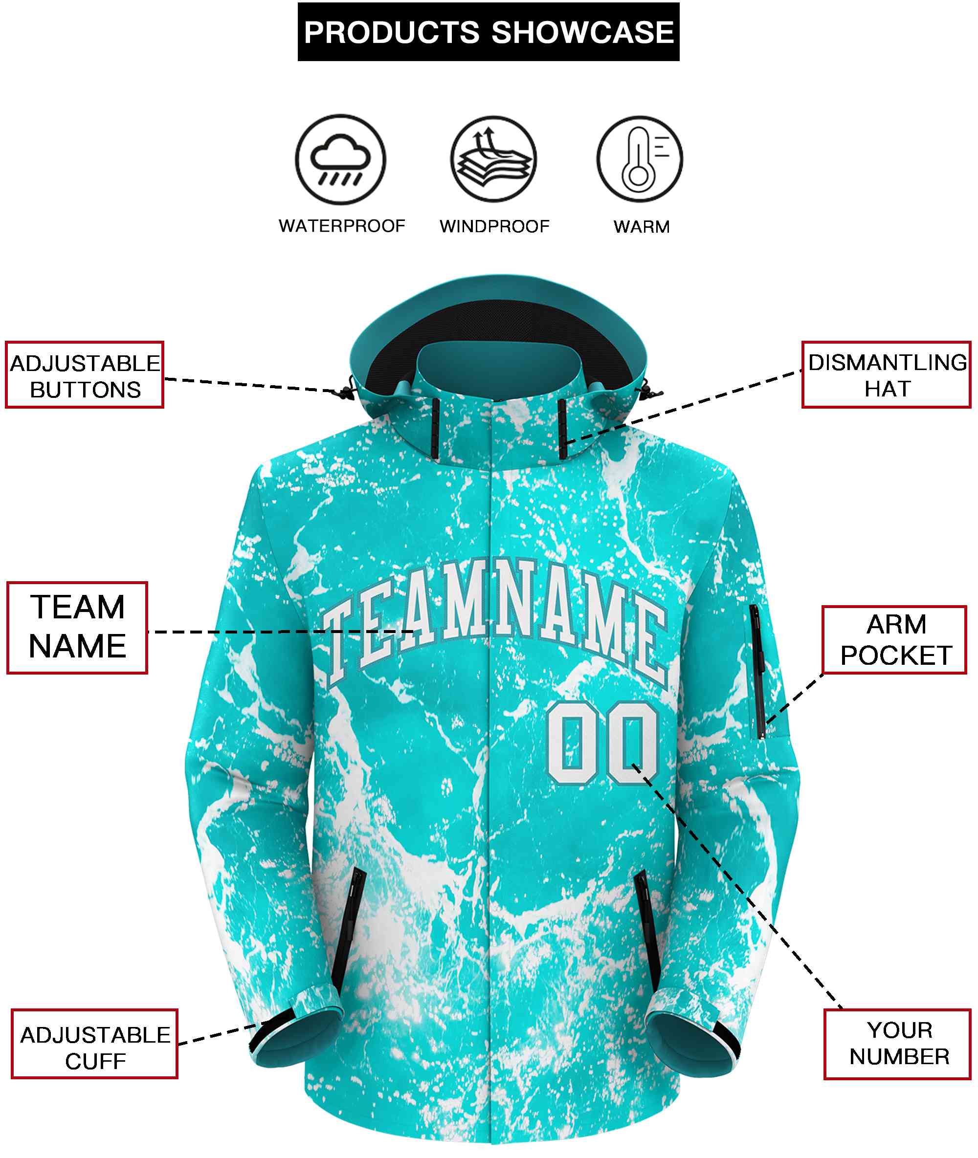 Custom Aqua White Graffiti Pattern Personalized Outdoor Hooded Waterproof Jacket