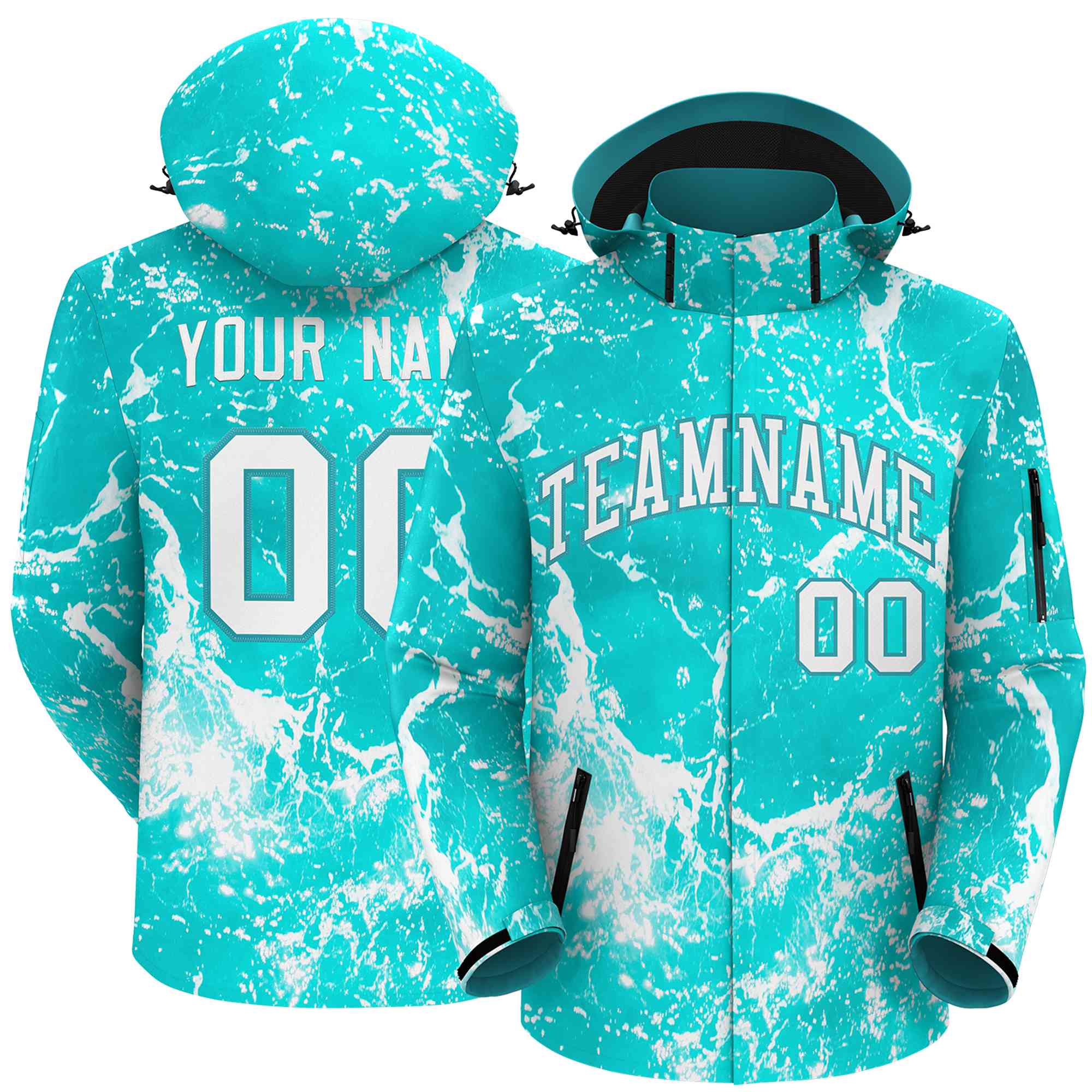 Custom Aqua White Graffiti Pattern Personalized Outdoor Hooded Waterproof Jacket