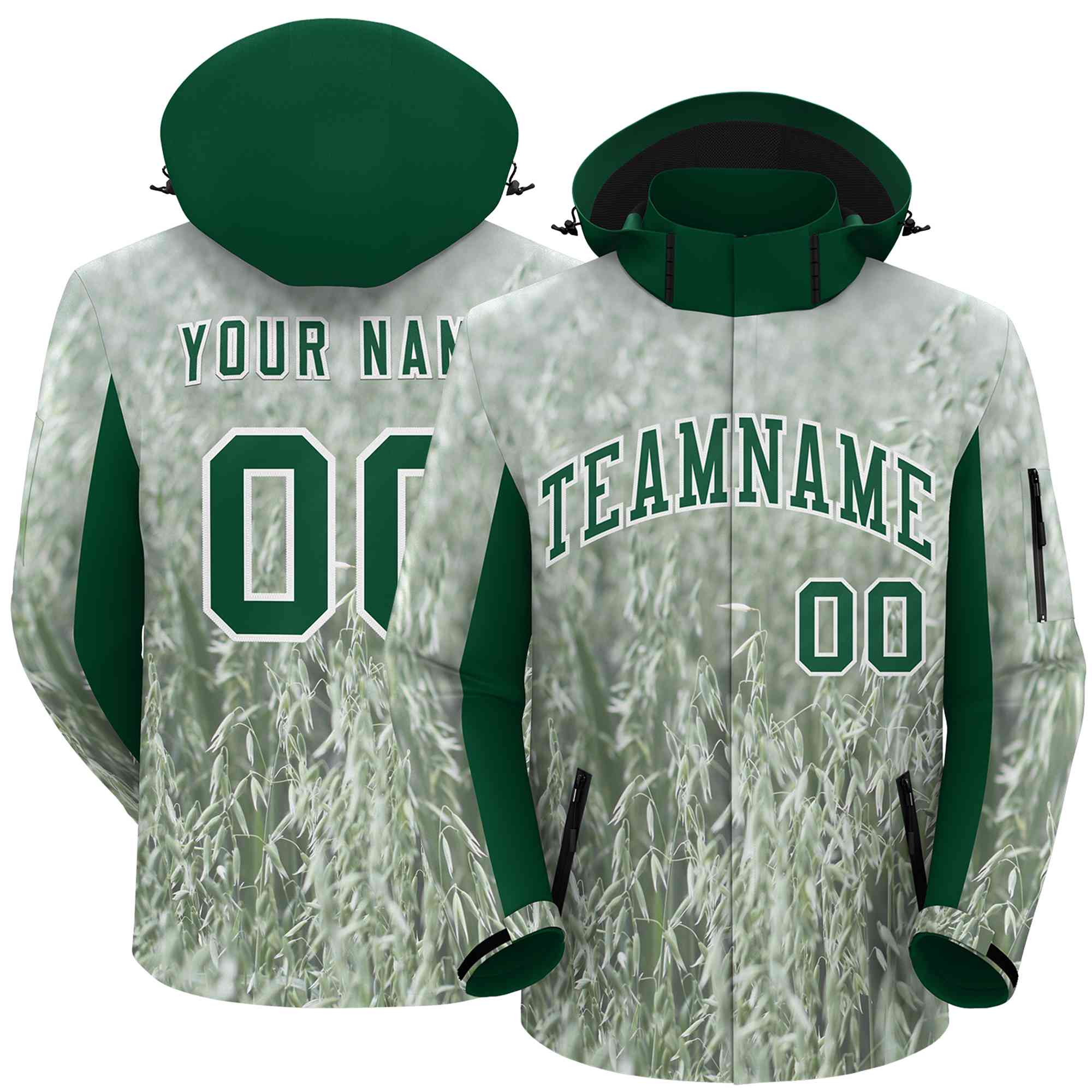 Custom Green White Graffiti Pattern Personalized Outdoor Hooded Waterproof Jacket