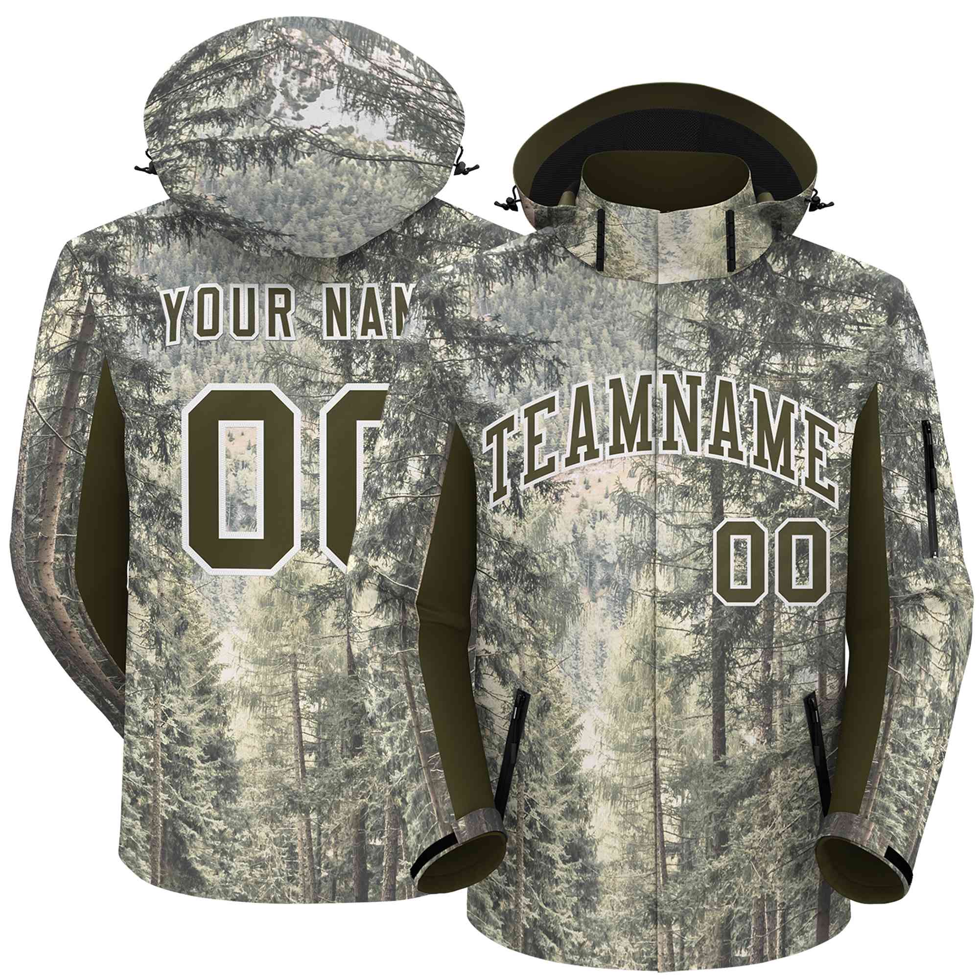 Custom Olive White Graffiti Pattern Personalized Outdoor Hooded Waterproof Jacket