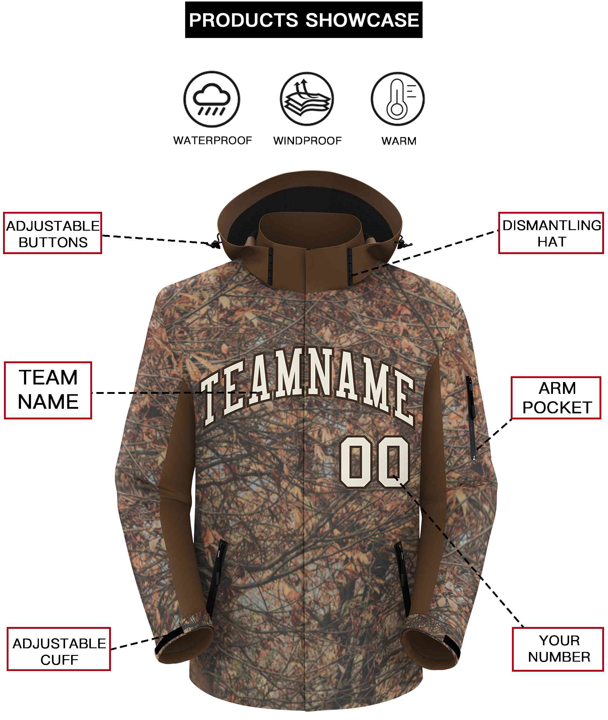 Custom Lt Brown Cream Graffiti Pattern Personalized Outdoor Hooded Waterproof Jacket