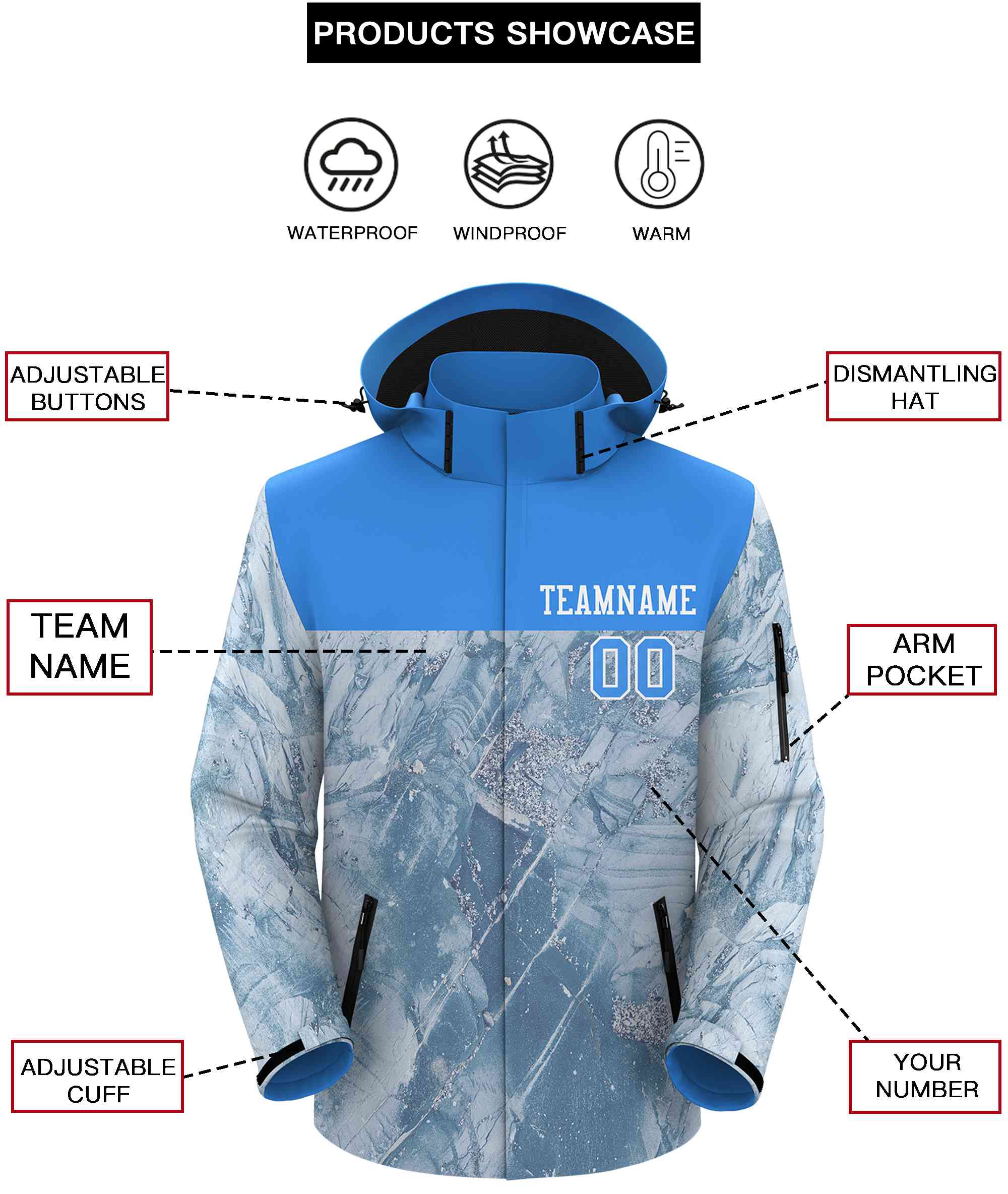 Custom Powder Blue White Graffiti Pattern Personalized Outdoor Hooded Waterproof Jacket