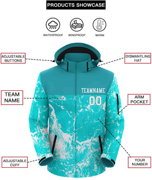 Custom Aqua White Graffiti Pattern Personalized Outdoor Hooded Waterproof Jacket