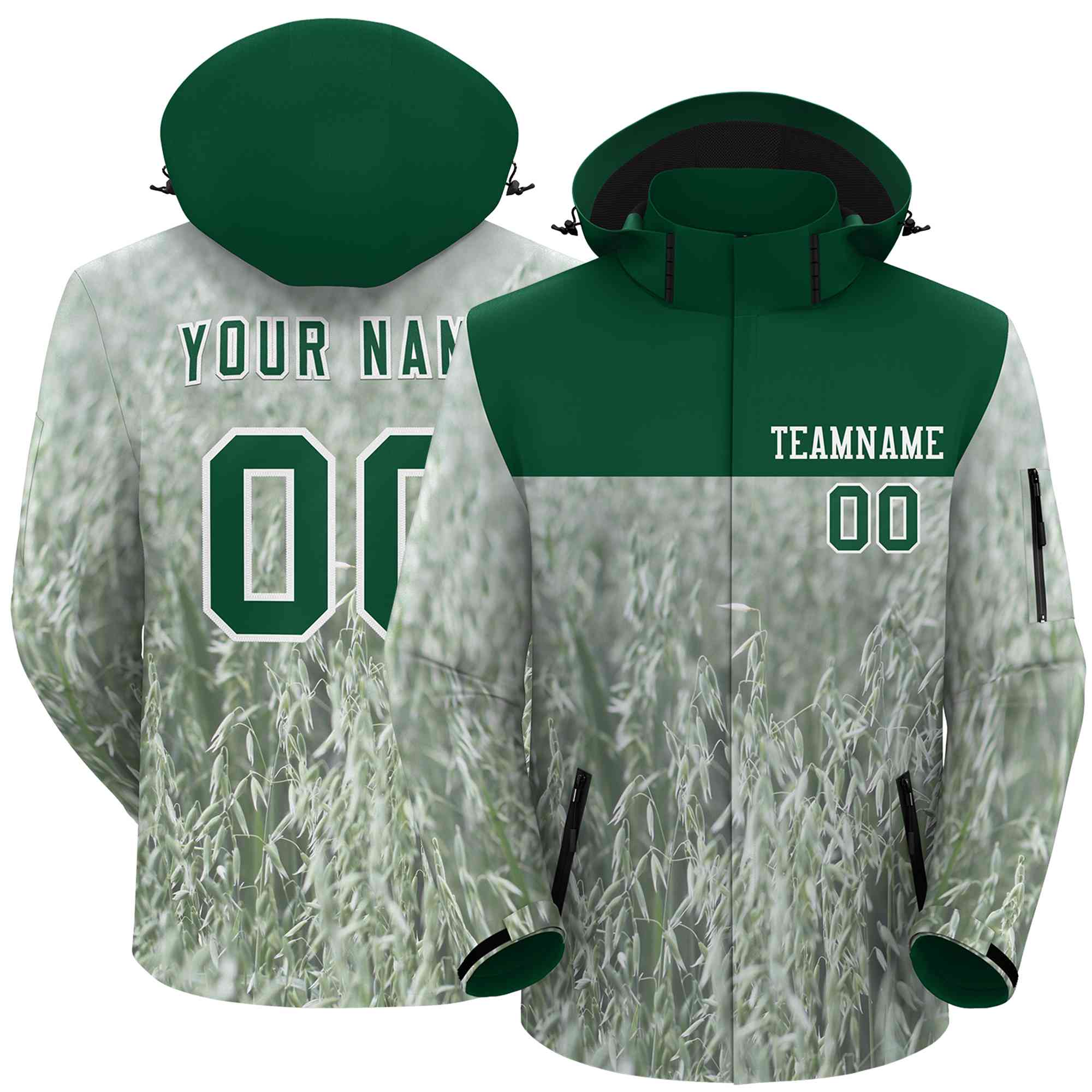 Custom Green White Graffiti Pattern Personalized Outdoor Hooded Waterproof Jacket