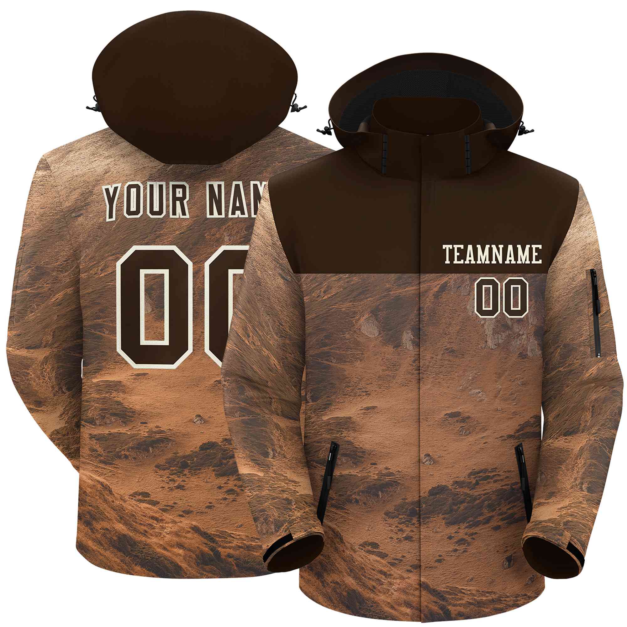 Custom Brown Cream Graffiti Pattern Personalized Outdoor Hooded Waterproof Jacket