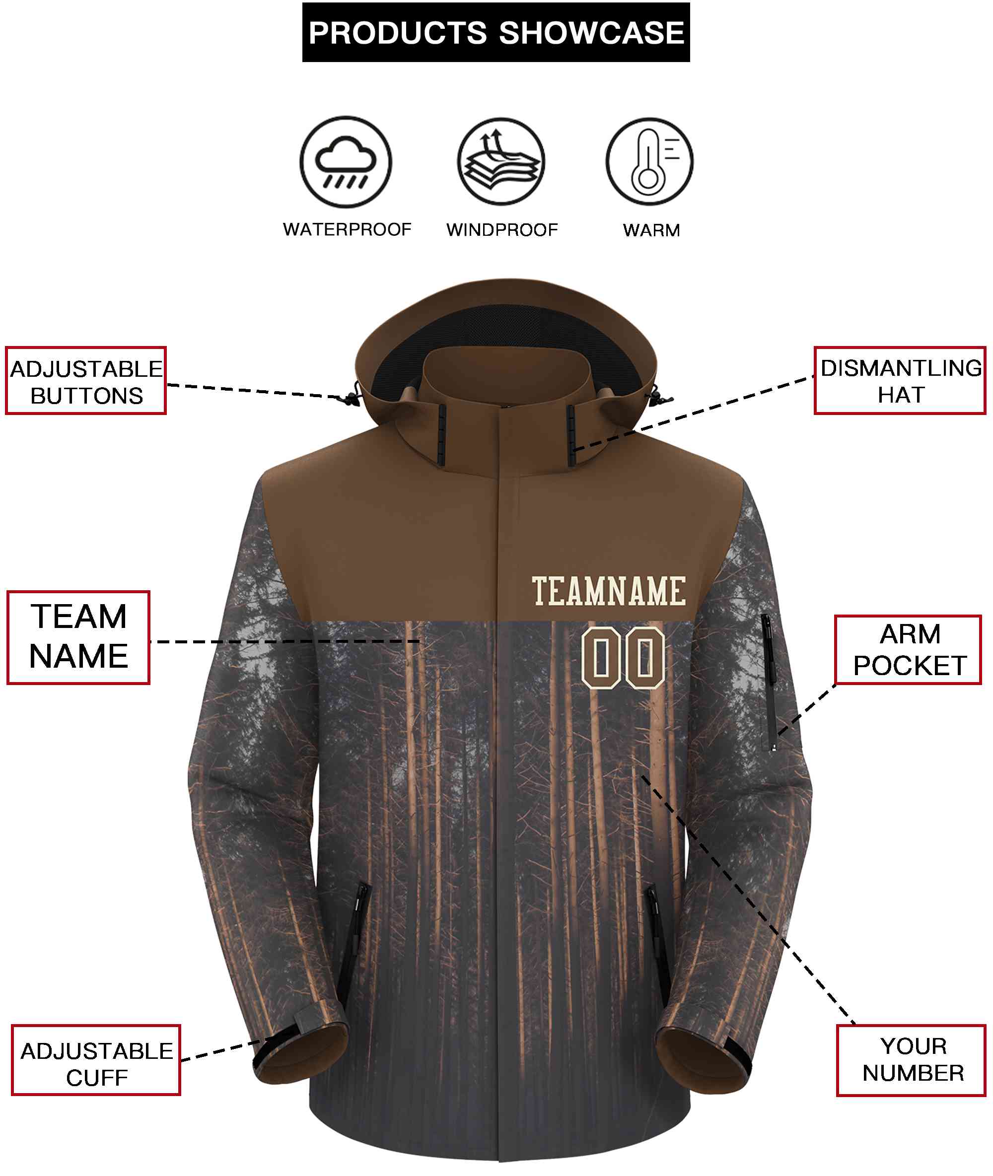 Custom Lt Brown Cream Graffiti Pattern Personalized Outdoor Hooded Waterproof Jacket