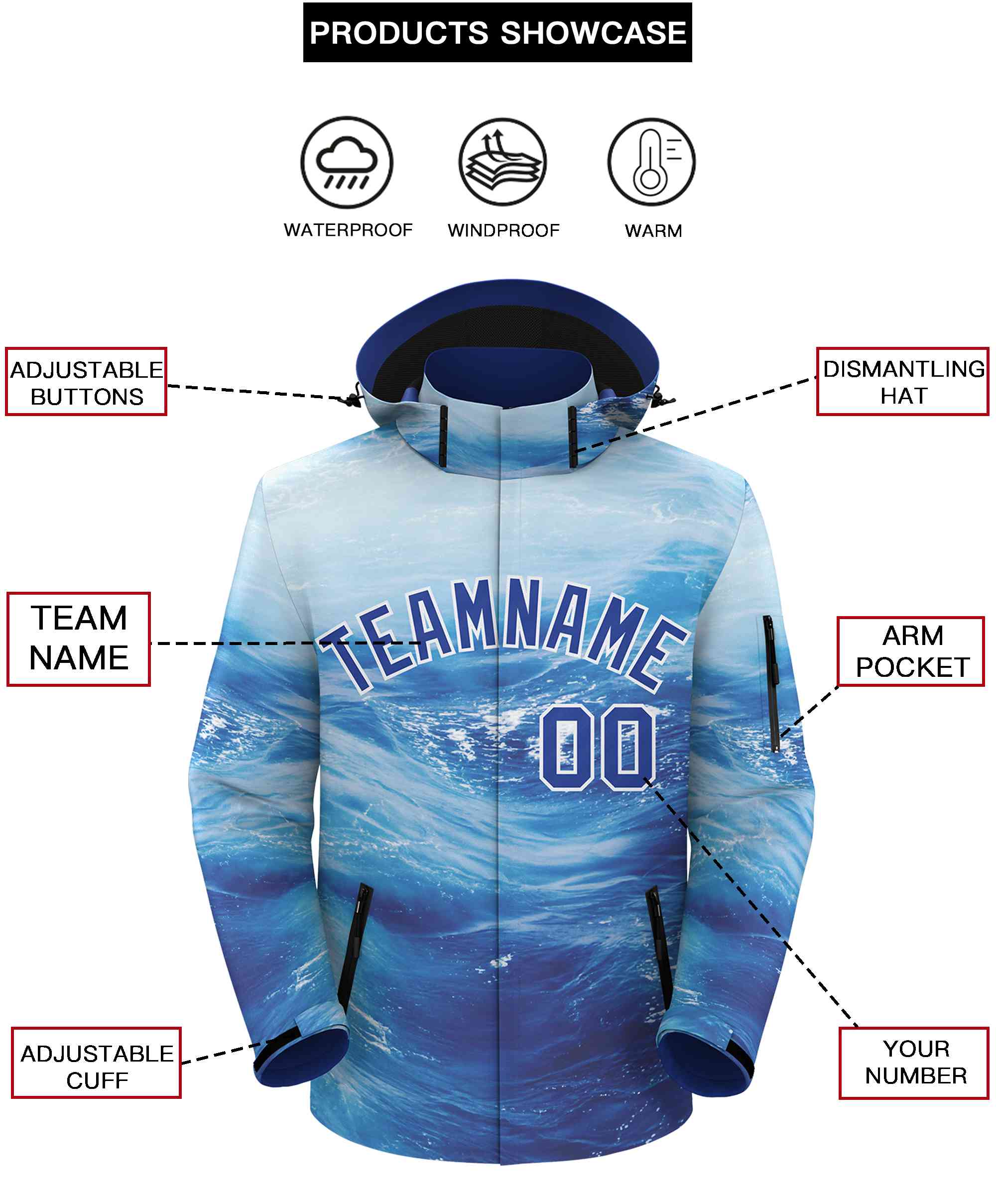 Custom Royal White Graffiti Pattern Personalized Outdoor Hooded Waterproof Jacket