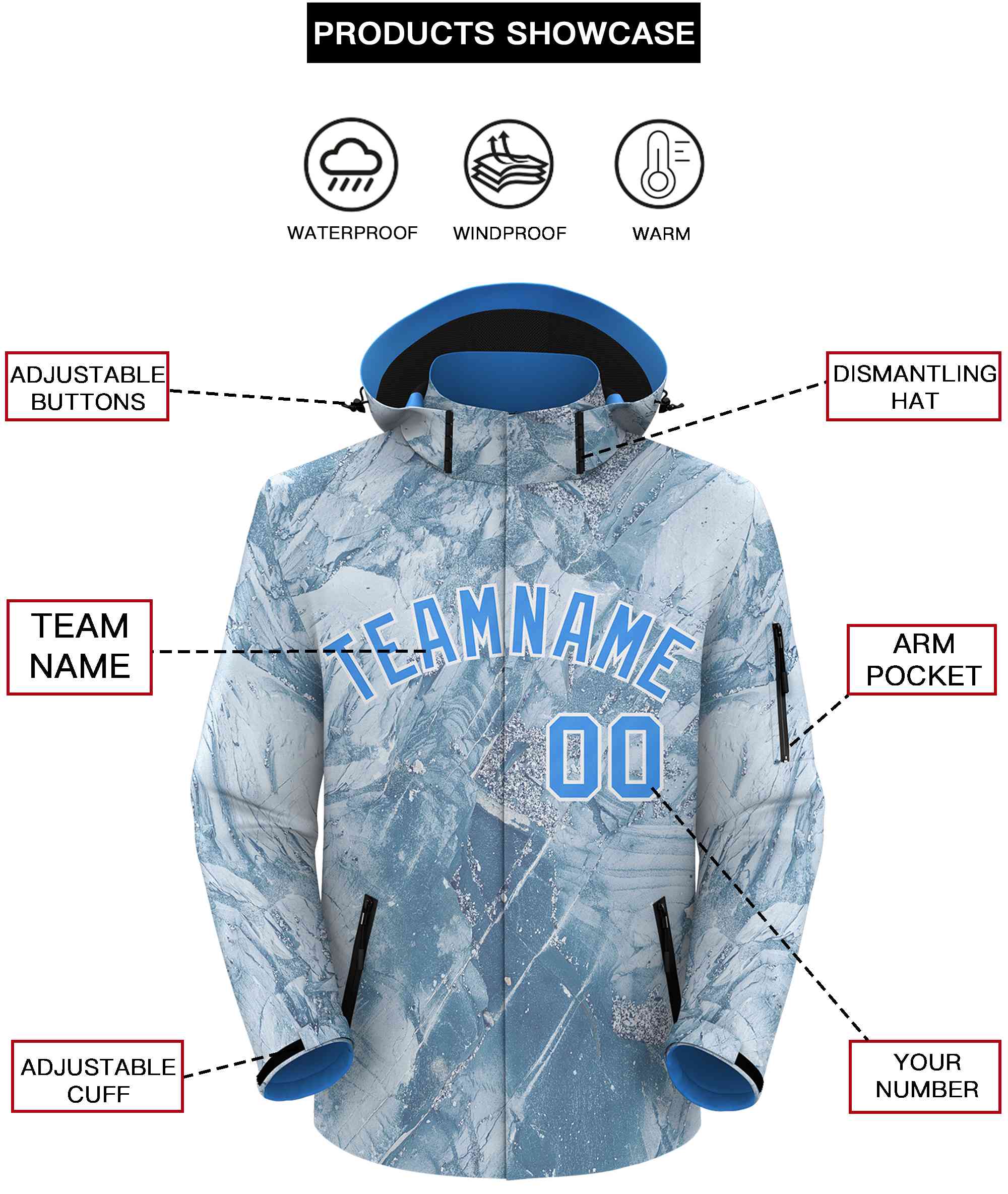 Custom Powder Blue White Graffiti Pattern Personalized Outdoor Hooded Waterproof Jacket