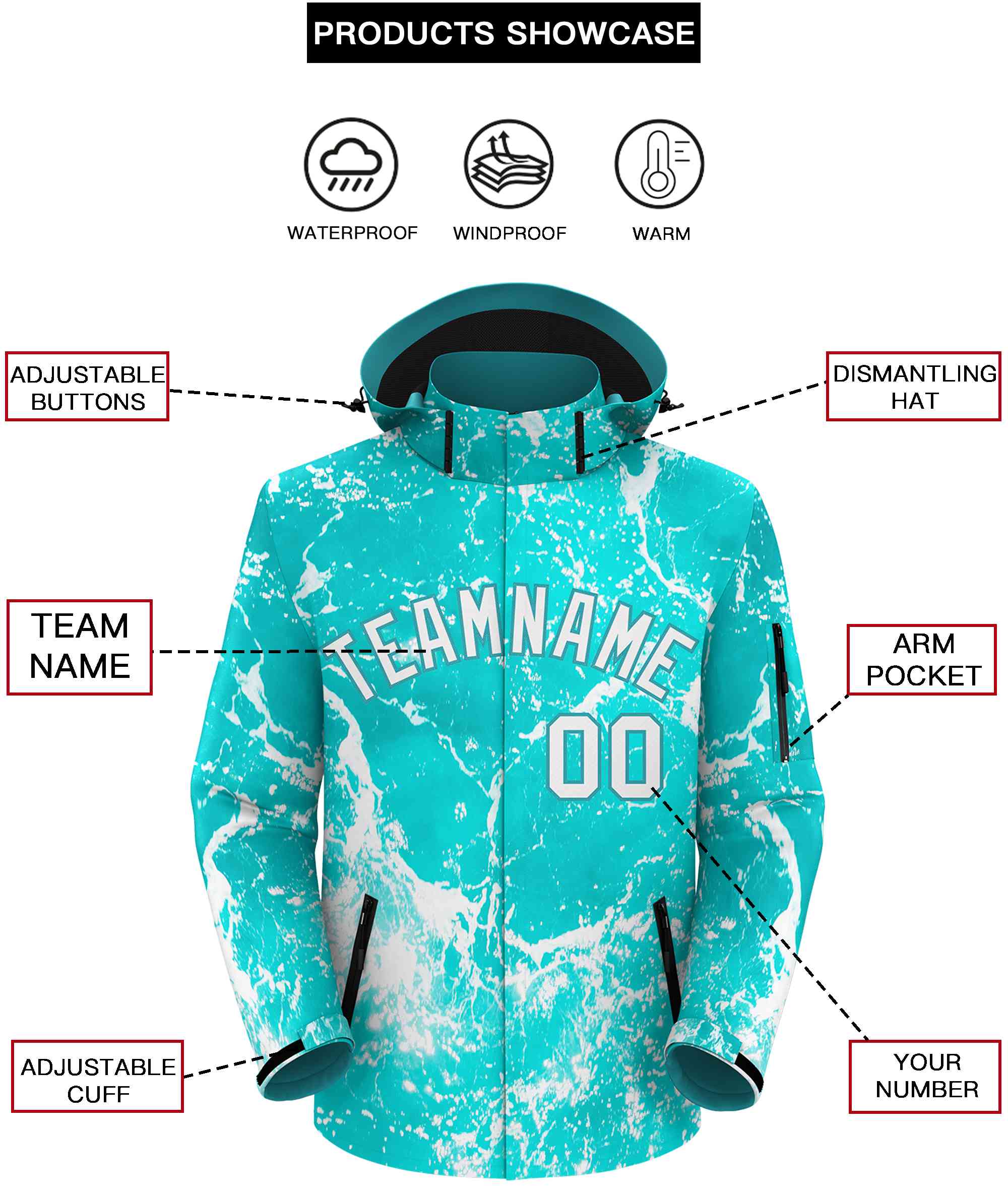 Custom Aqua White Graffiti Pattern Personalized Outdoor Hooded Waterproof Jacket