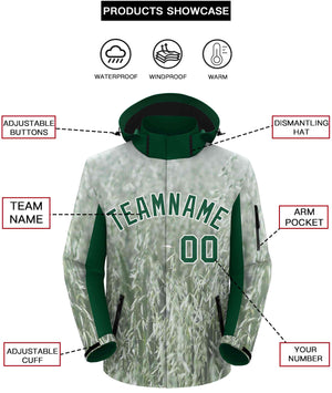 Custom Green White Graffiti Pattern Personalized Outdoor Hooded Waterproof Jacket