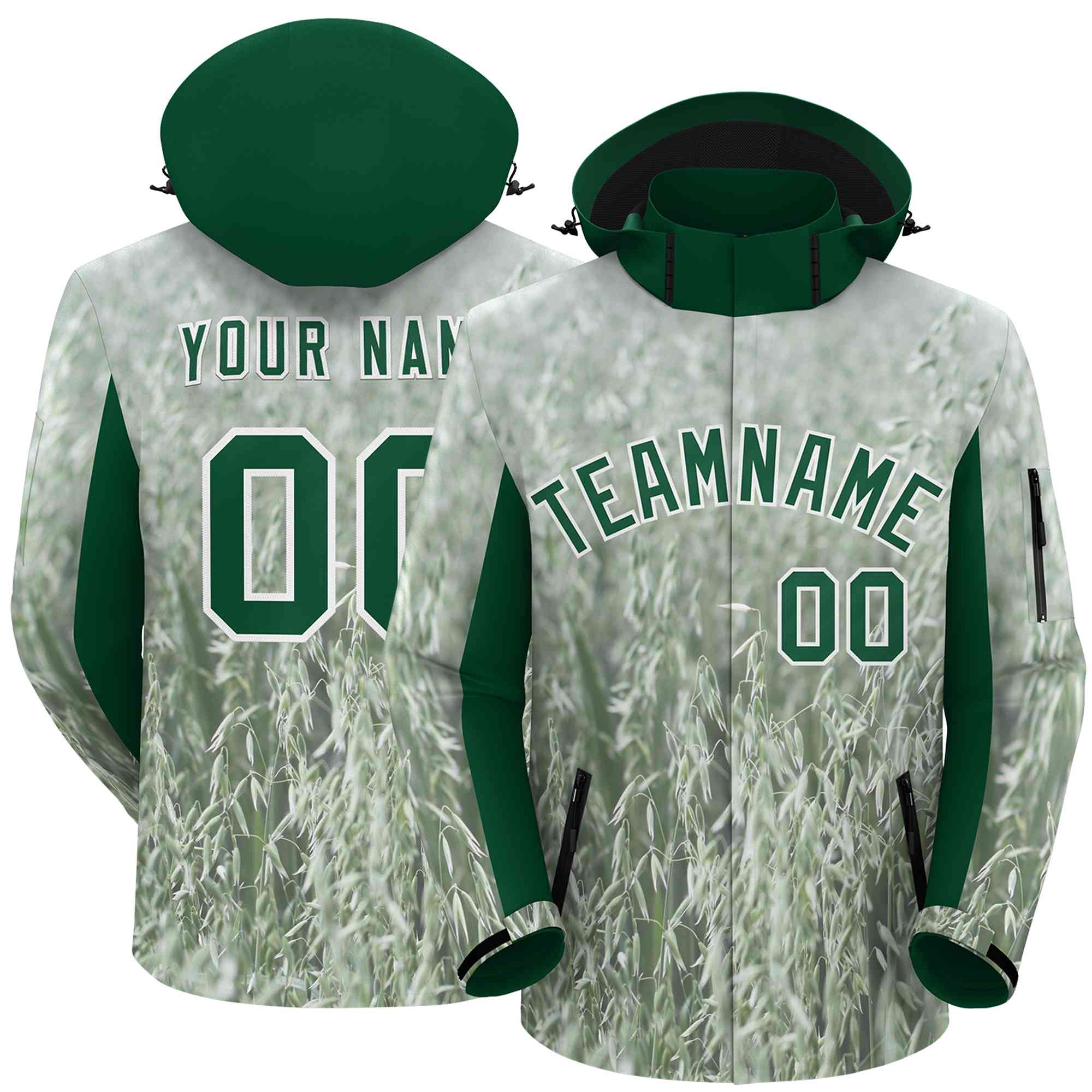 Custom Green White Graffiti Pattern Personalized Outdoor Hooded Waterproof Jacket