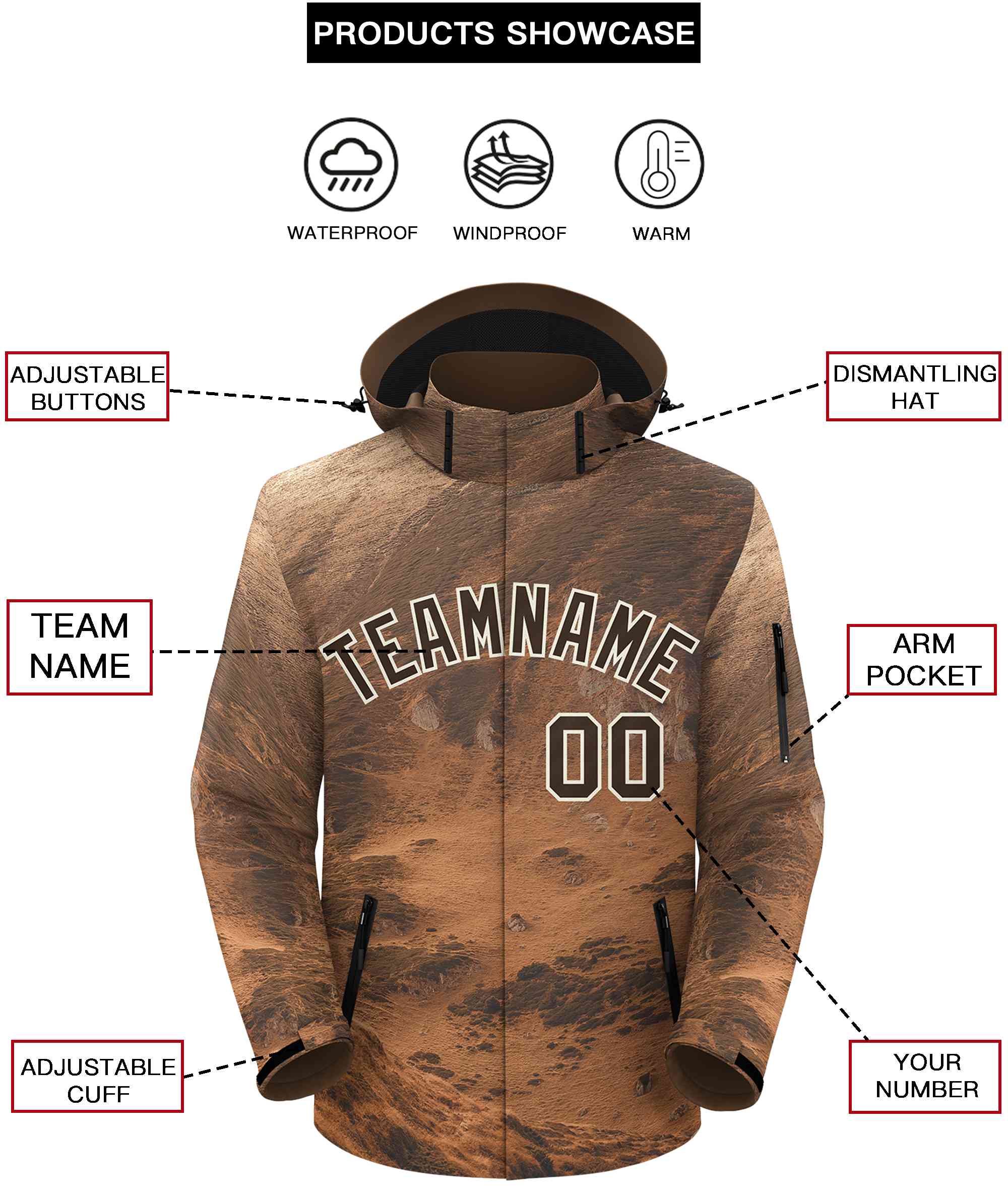 Custom Lt Brown Cream Graffiti Pattern Personalized Outdoor Hooded Waterproof Jacket