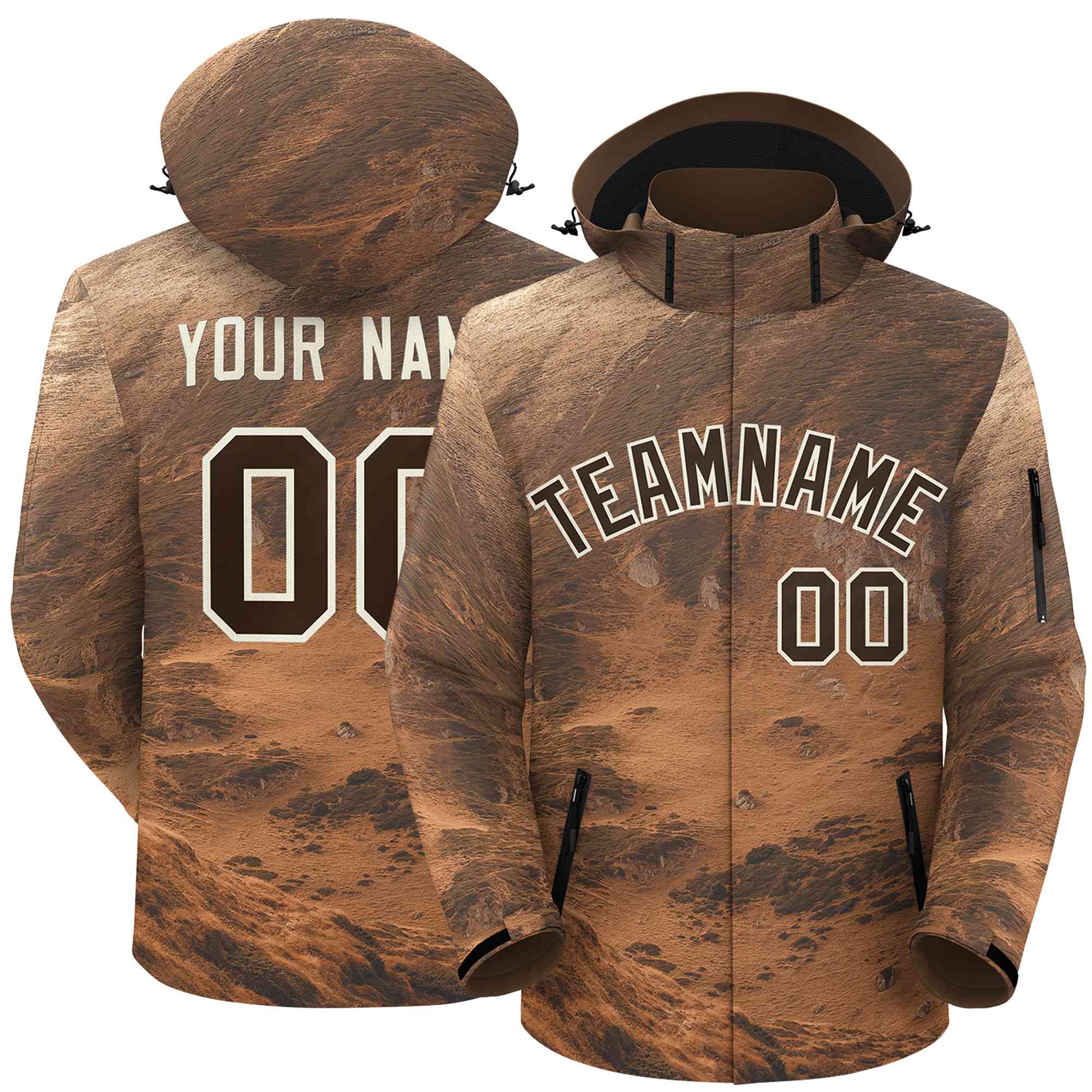 Custom Lt Brown Cream Graffiti Pattern Personalized Outdoor Hooded Waterproof Jacket