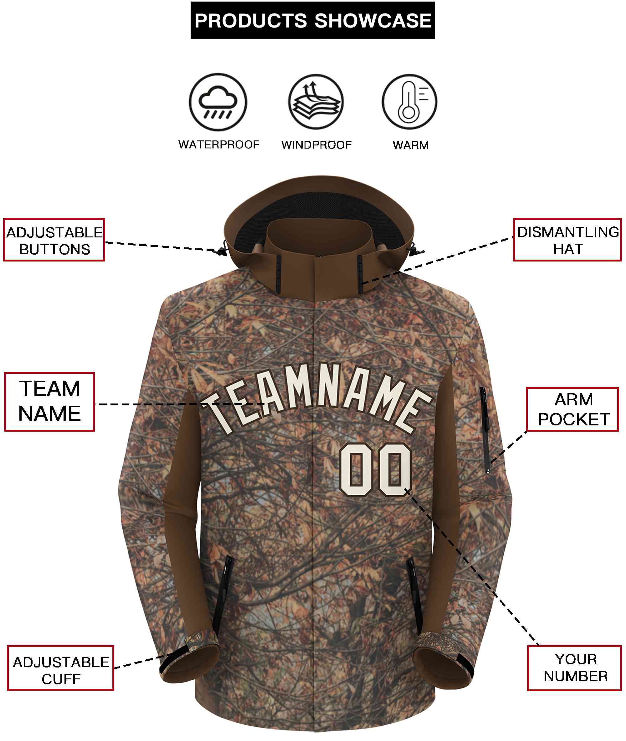 Custom Lt Brown Cream Graffiti Pattern Personalized Outdoor Hooded Waterproof Jacket