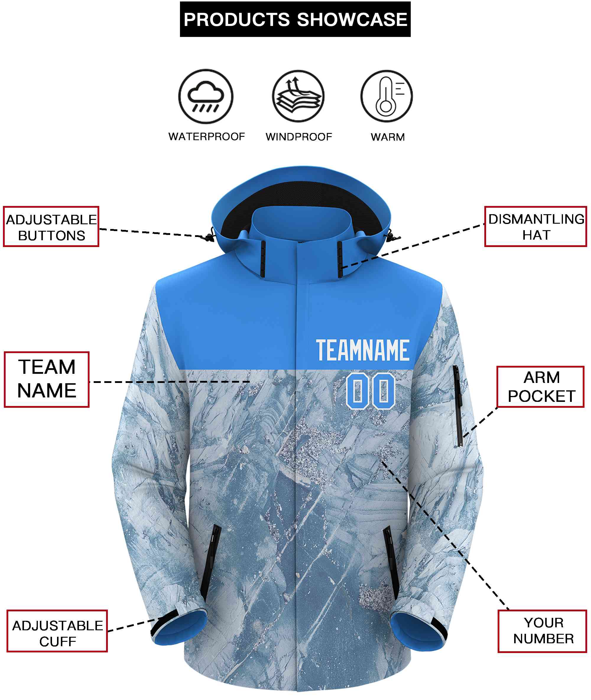 Custom Powder Blue White Graffiti Pattern Personalized Outdoor Hooded Waterproof Jacket