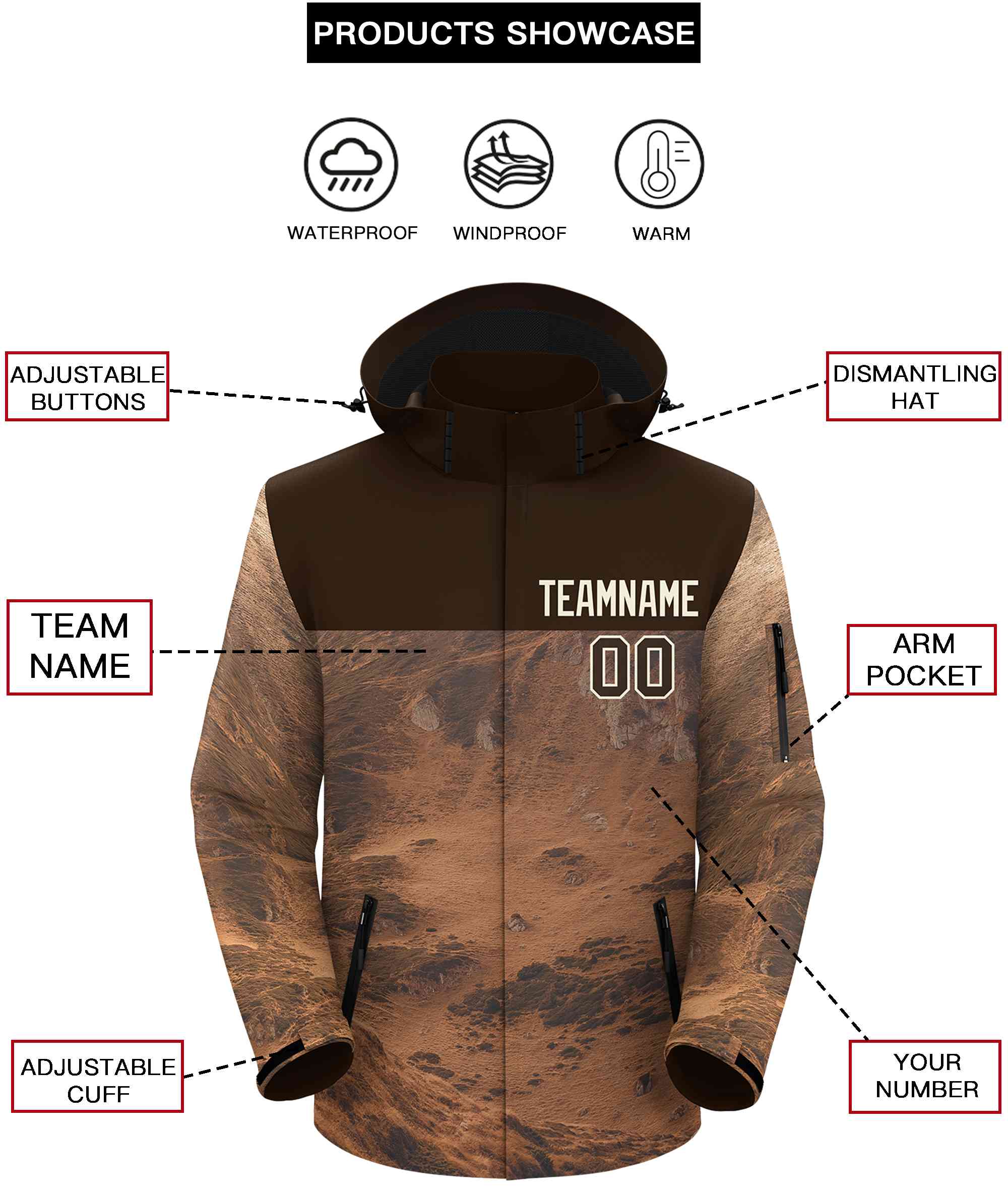 Custom Brown Cream Graffiti Pattern Personalized Outdoor Hooded Waterproof Jacket