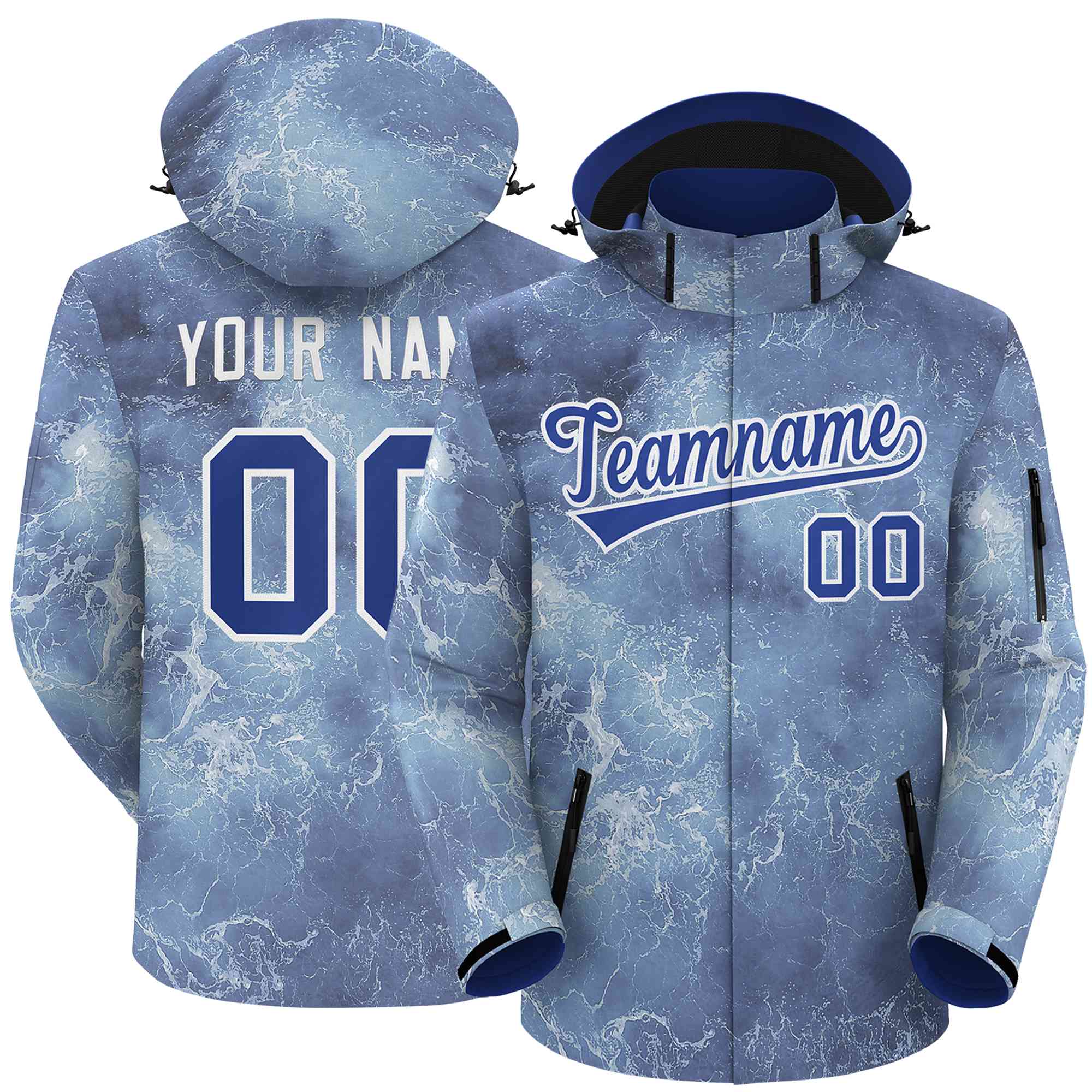 Custom Royal White Graffiti Pattern Personalized Outdoor Hooded Waterproof Jacket