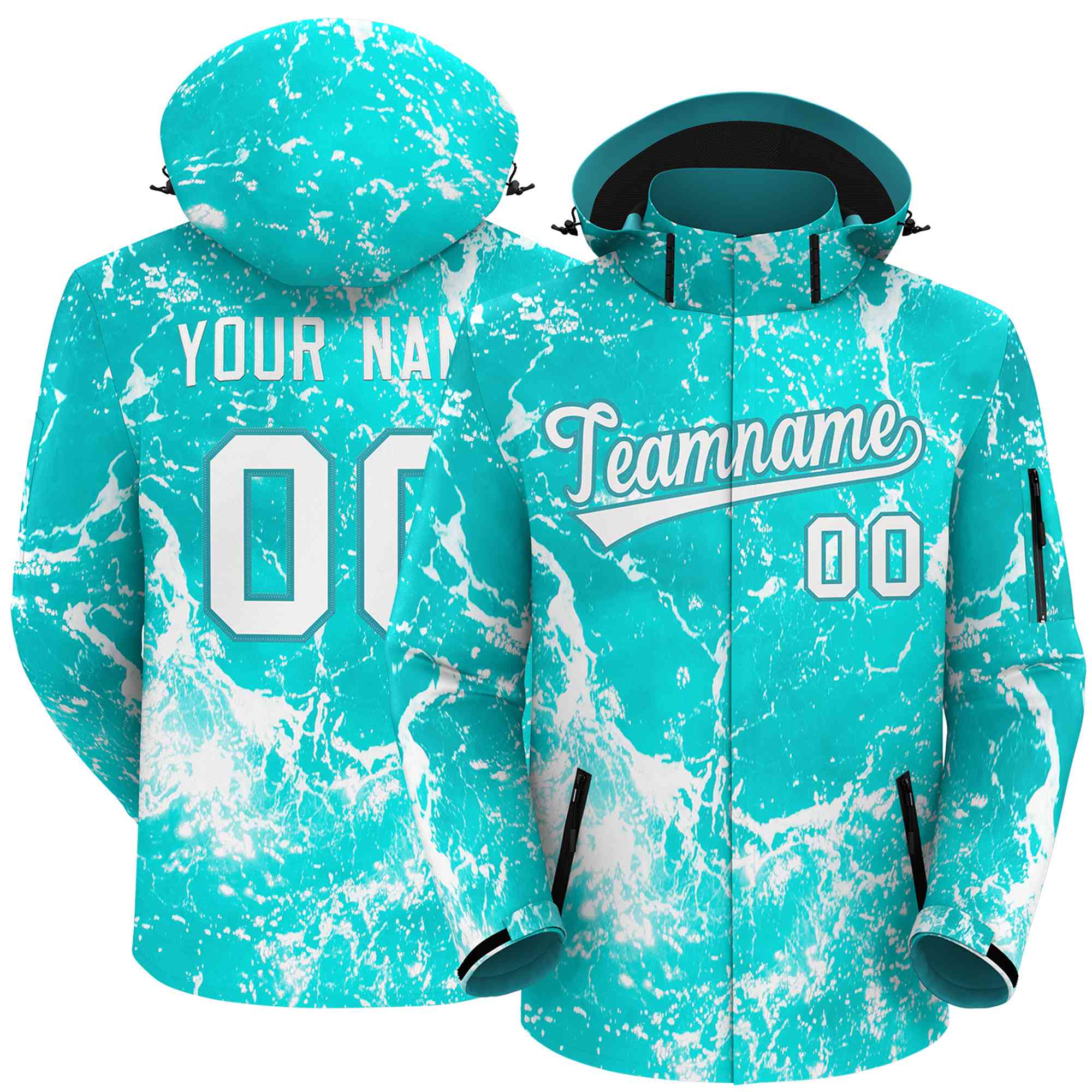 Custom Aqua White Graffiti Pattern Personalized Outdoor Hooded Waterproof Jacket