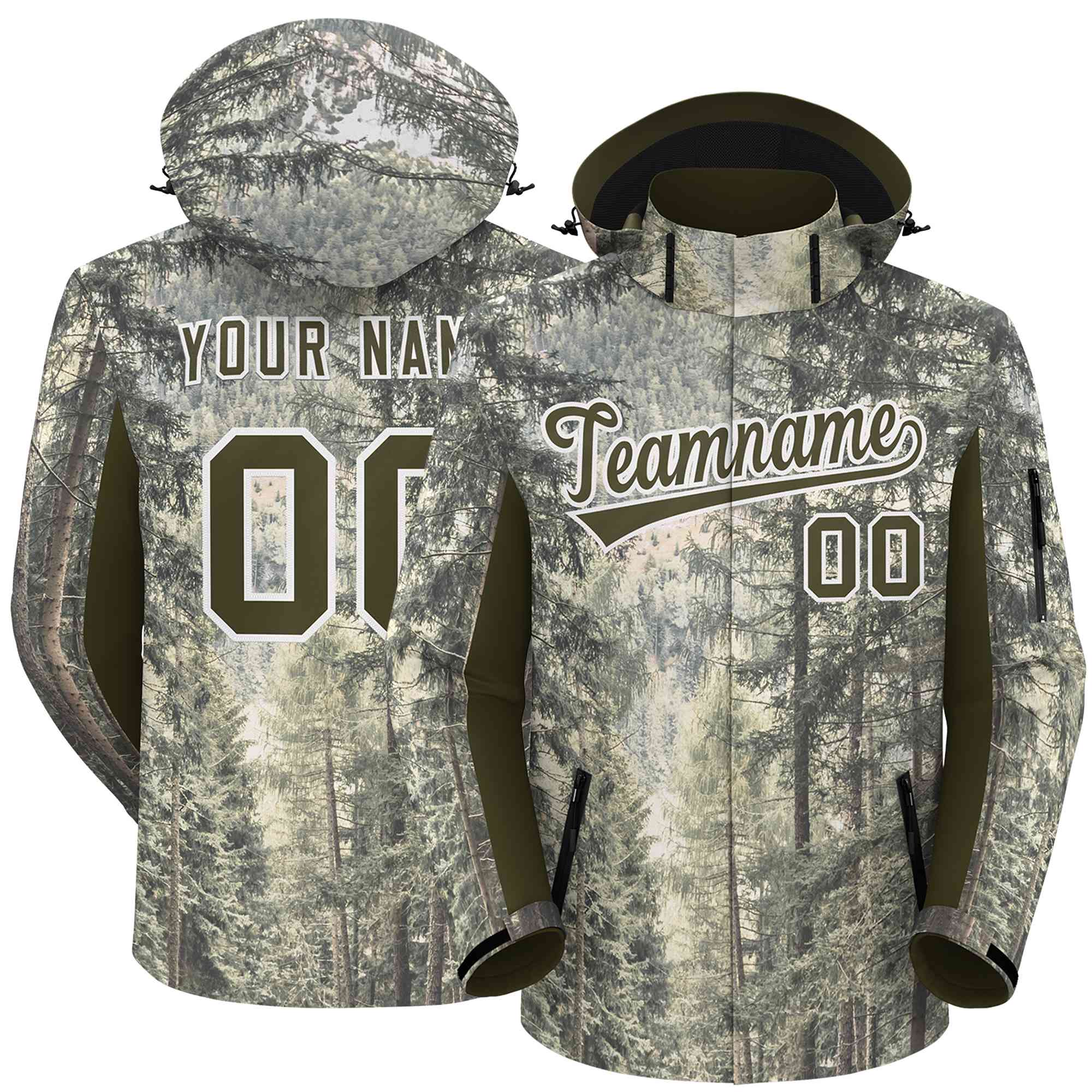 Custom Olive White Graffiti Pattern Personalized Outdoor Hooded Waterproof Jacket