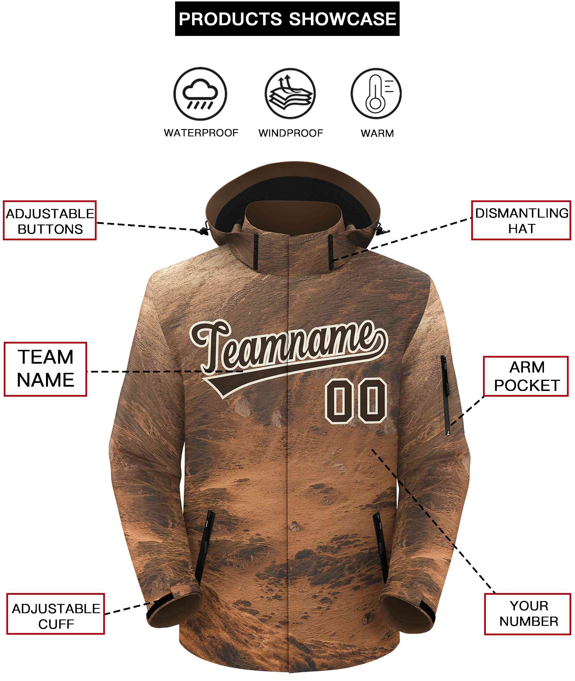 Custom Lt Brown Cream Graffiti Pattern Personalized Outdoor Hooded Waterproof Jacket