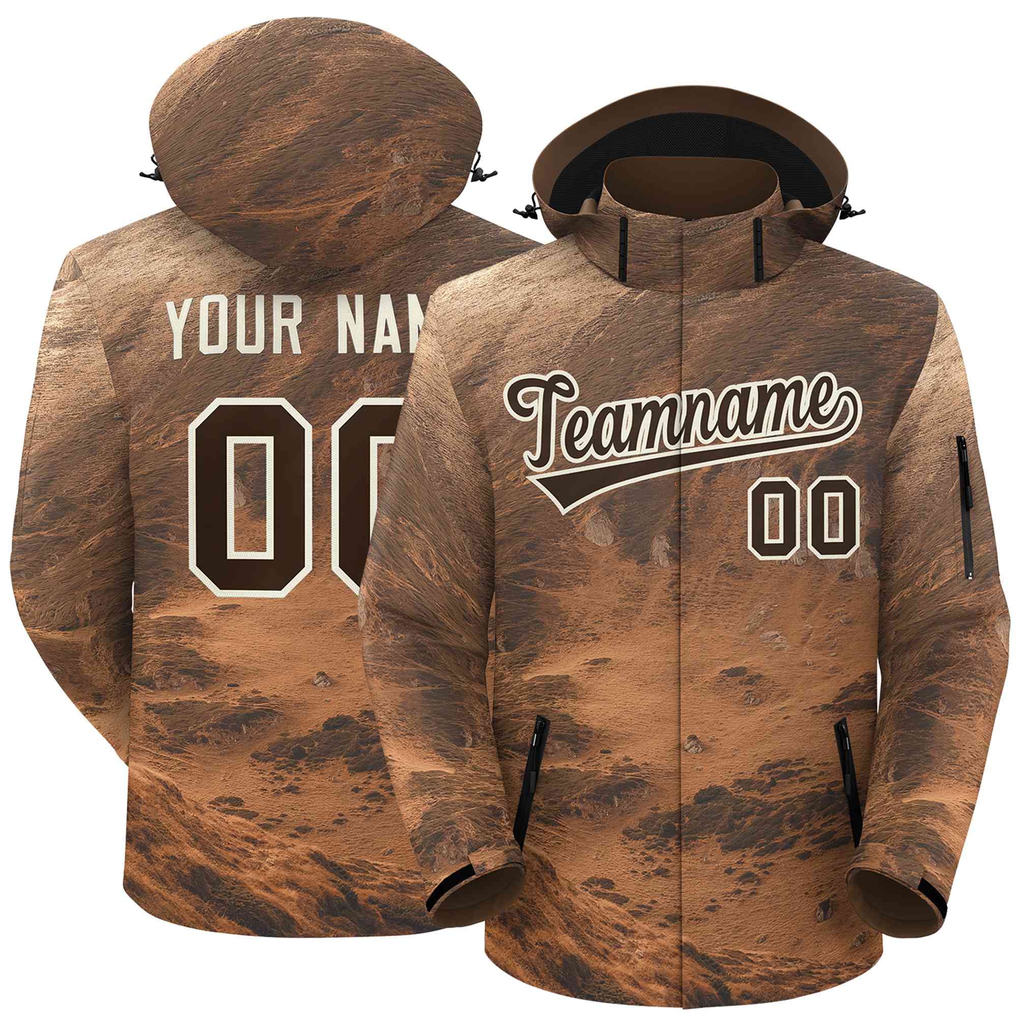 Custom Lt Brown Cream Graffiti Pattern Personalized Outdoor Hooded Waterproof Jacket