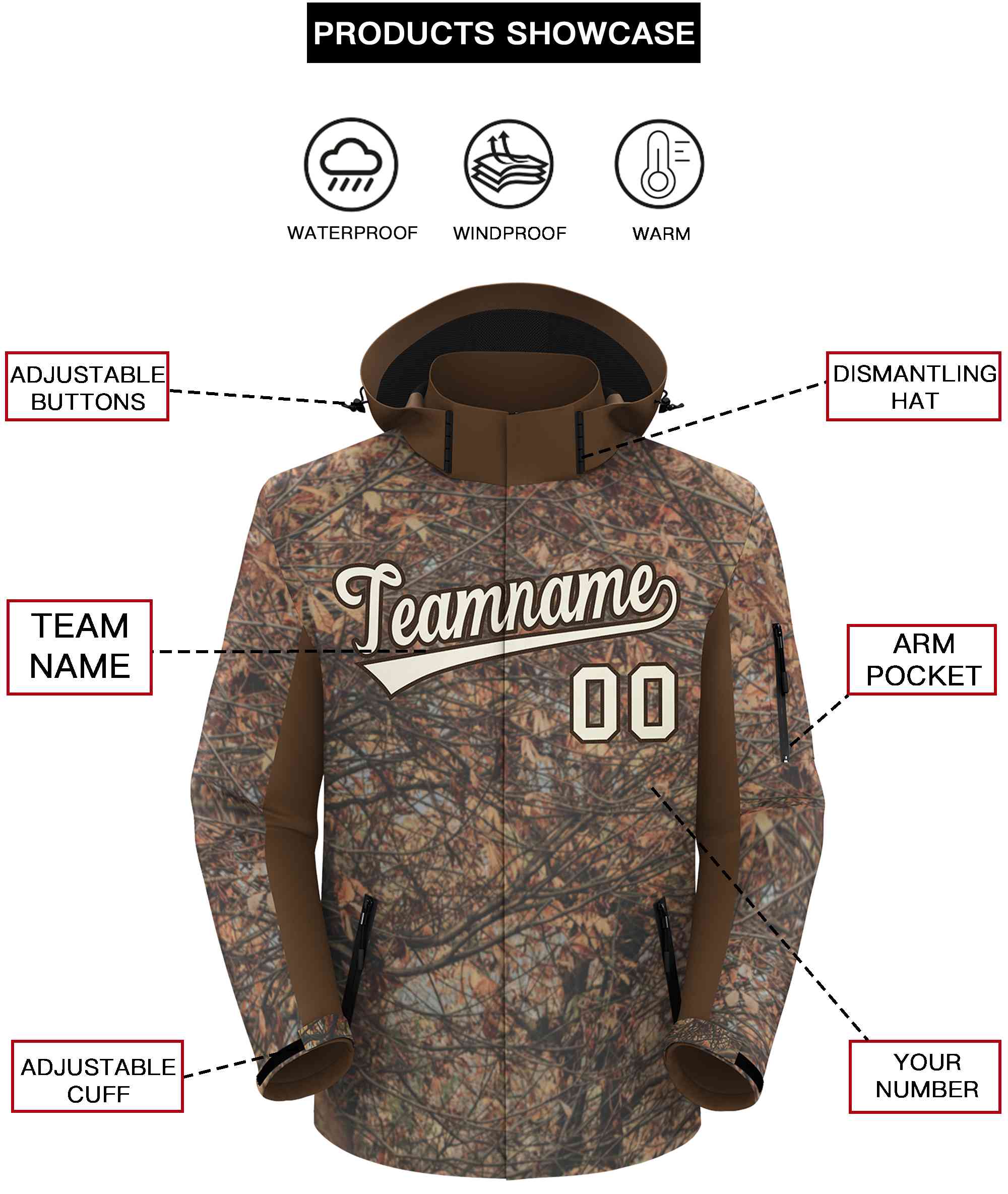 Custom Lt Brown Cream Graffiti Pattern Personalized Outdoor Hooded Waterproof Jacket