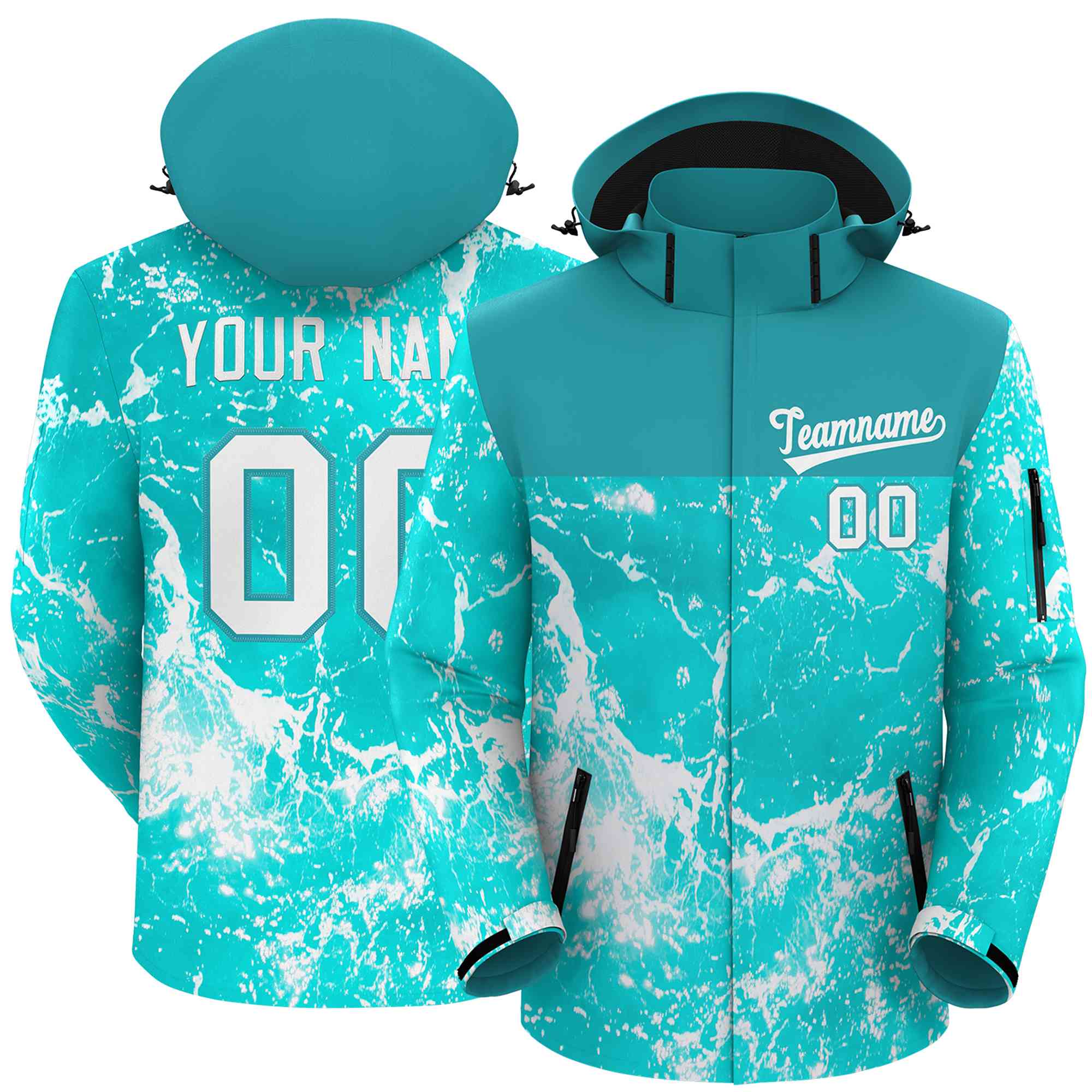 Custom Aqua White Graffiti Pattern Personalized Outdoor Hooded Waterproof Jacket