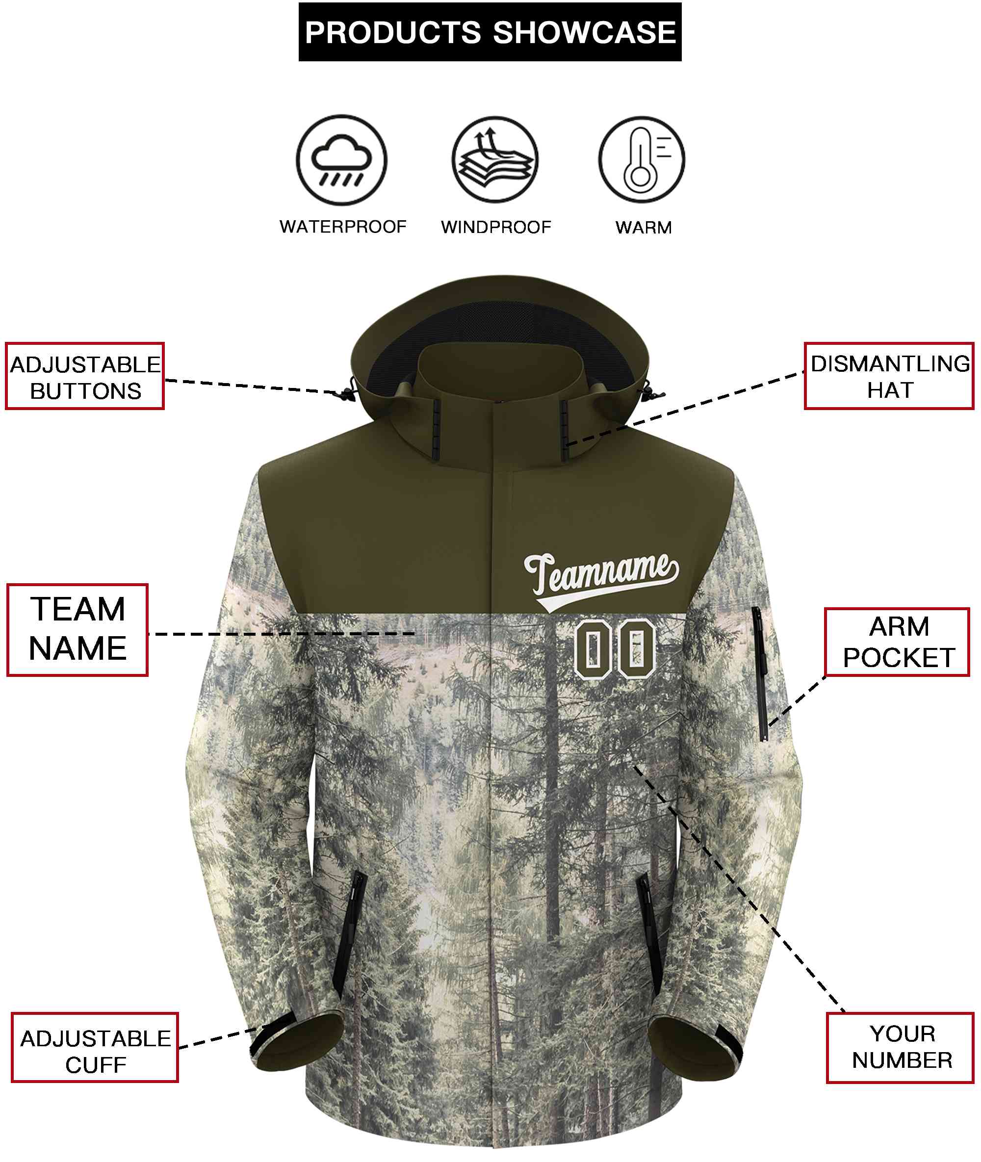 Custom Olive White Graffiti Pattern Personalized Outdoor Hooded Waterproof Jacket