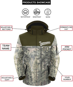 Custom Olive White Graffiti Pattern Personalized Outdoor Hooded Waterproof Jacket