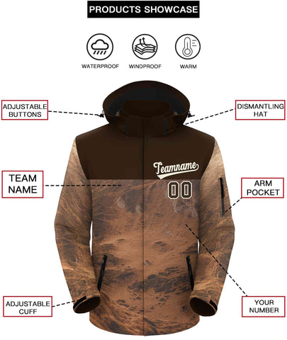 Custom Brown Cream Graffiti Pattern Personalized Outdoor Hooded Waterproof Jacket