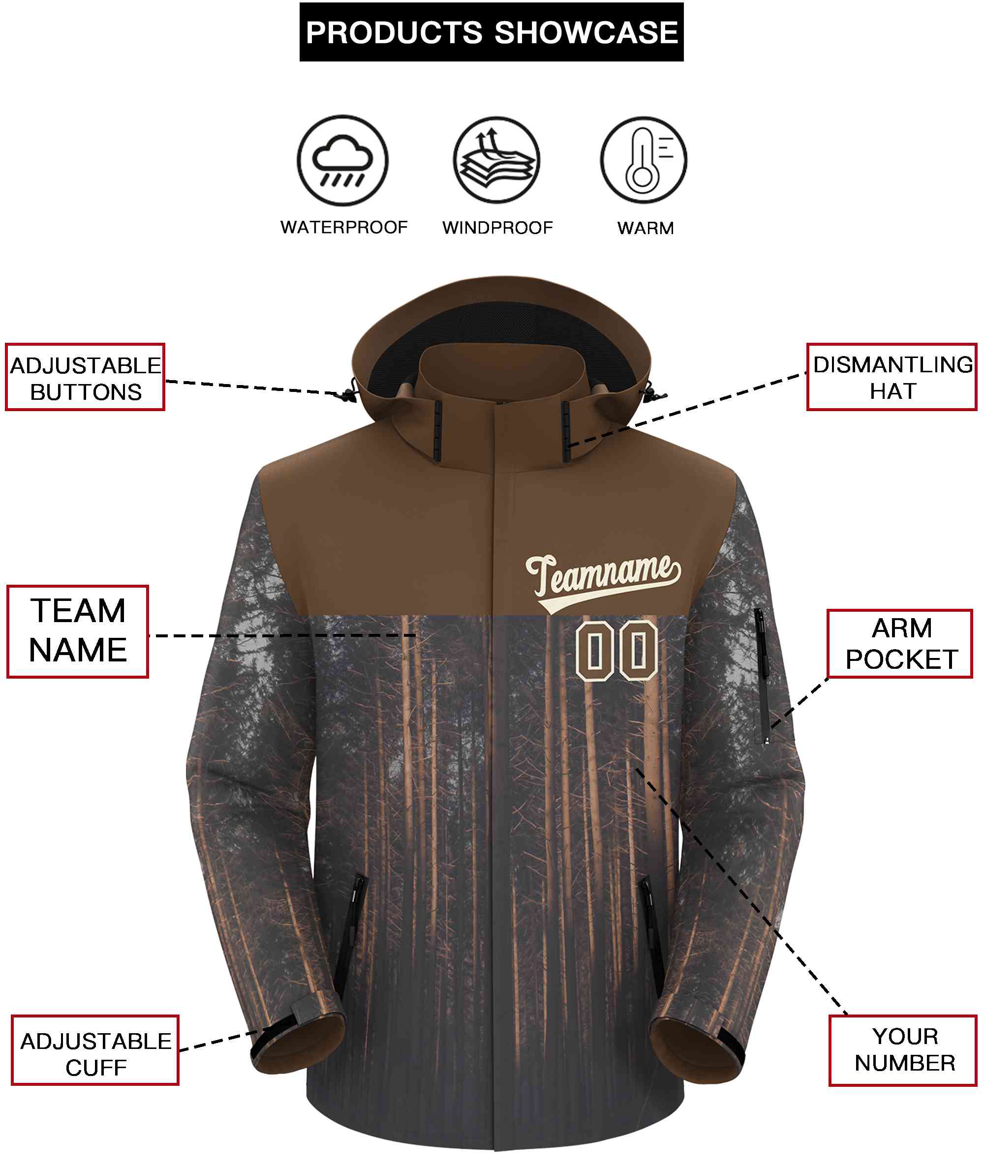 Custom Lt Brown Cream Graffiti Pattern Personalized Outdoor Hooded Waterproof Jacket