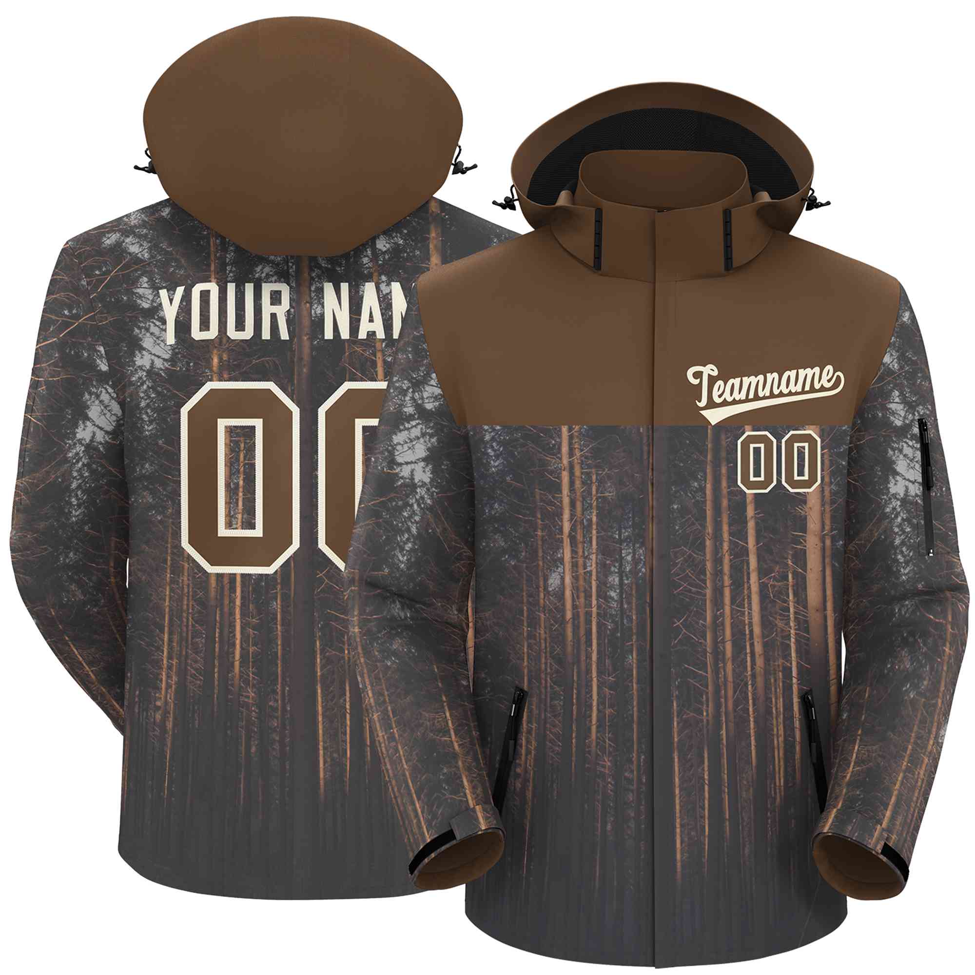 Custom Lt Brown Cream Graffiti Pattern Personalized Outdoor Hooded Waterproof Jacket