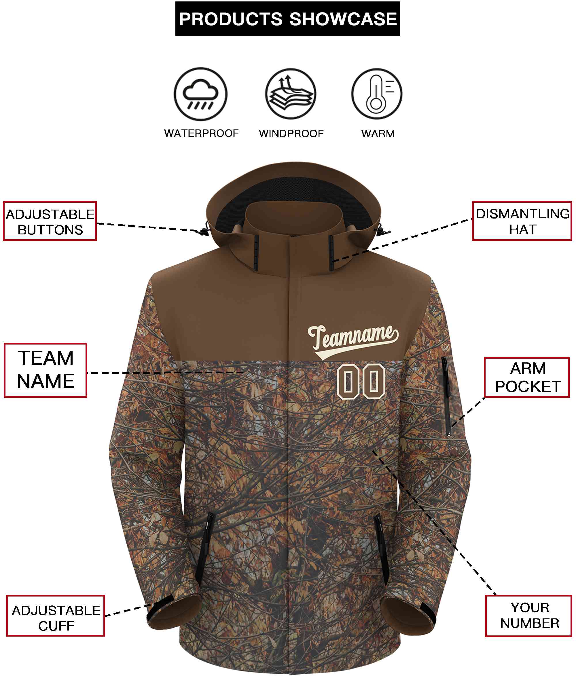 Custom Lt Brown Cream Graffiti Pattern Personalized Outdoor Hooded Waterproof Jacket