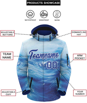 Custom Royal White Graffiti Pattern Personalized Outdoor Hooded Waterproof Jacket