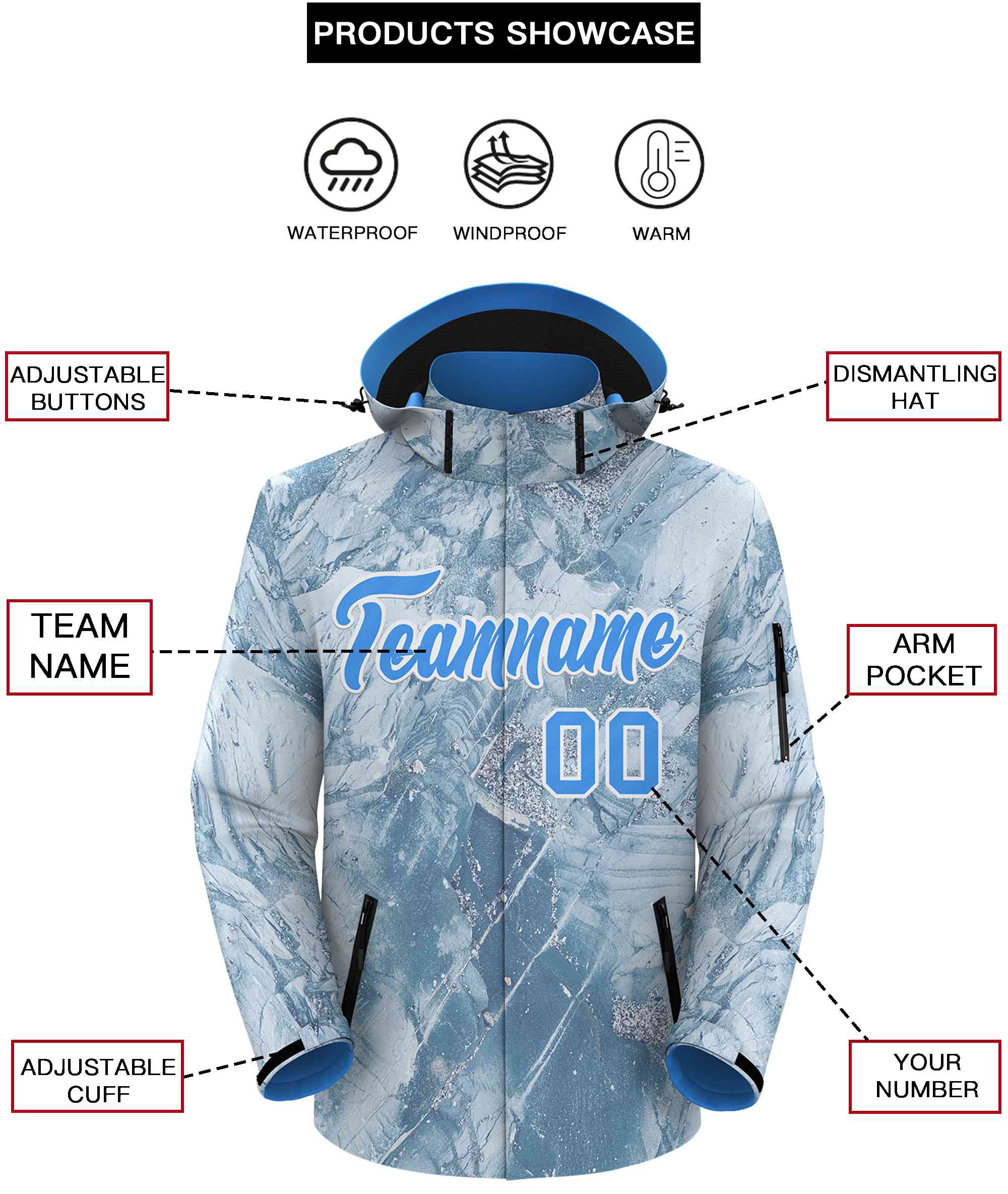 Custom Powder Blue White Graffiti Pattern Personalized Outdoor Hooded Waterproof Jacket