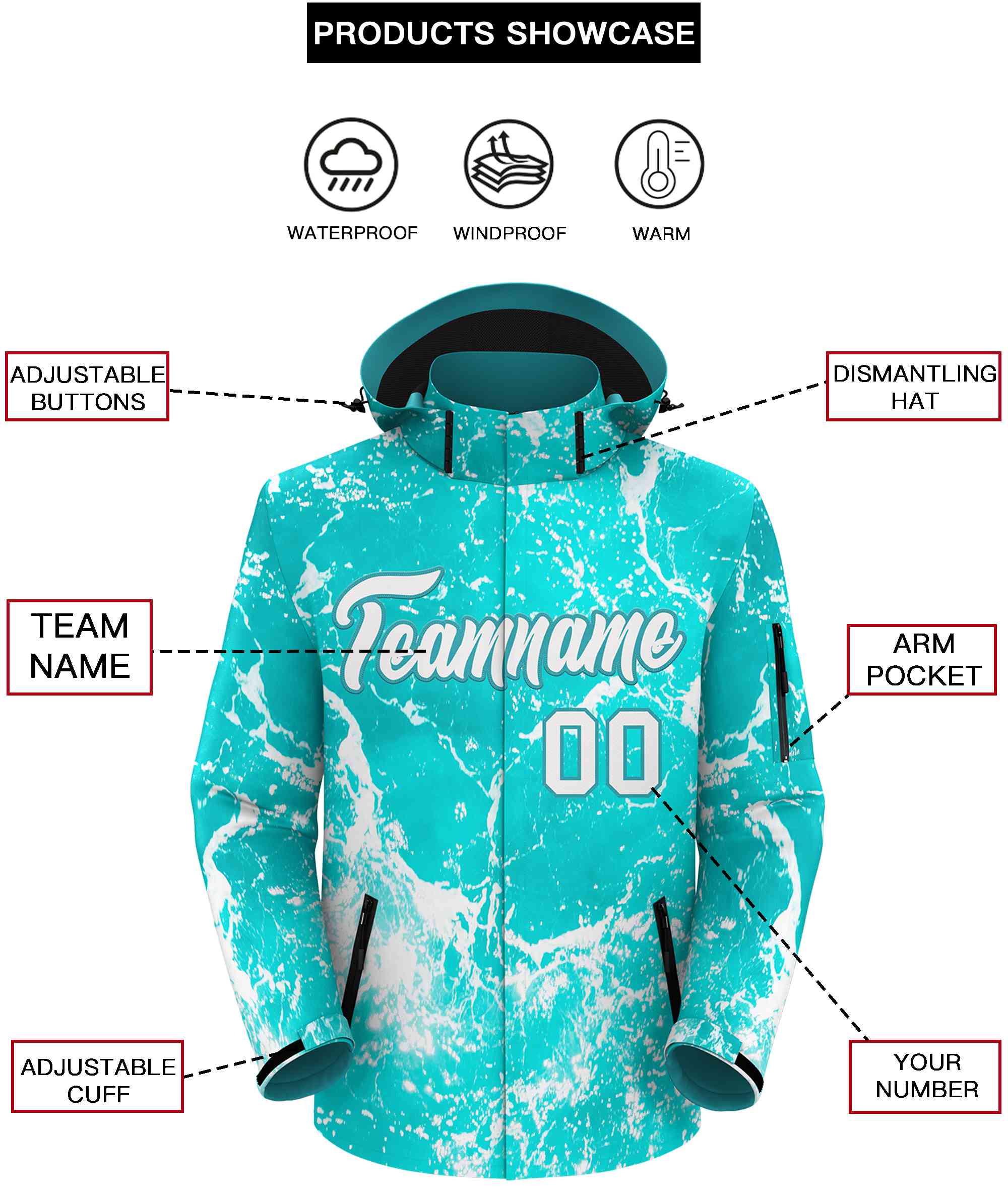 Custom Aqua White Graffiti Pattern Personalized Outdoor Hooded Waterproof Jacket