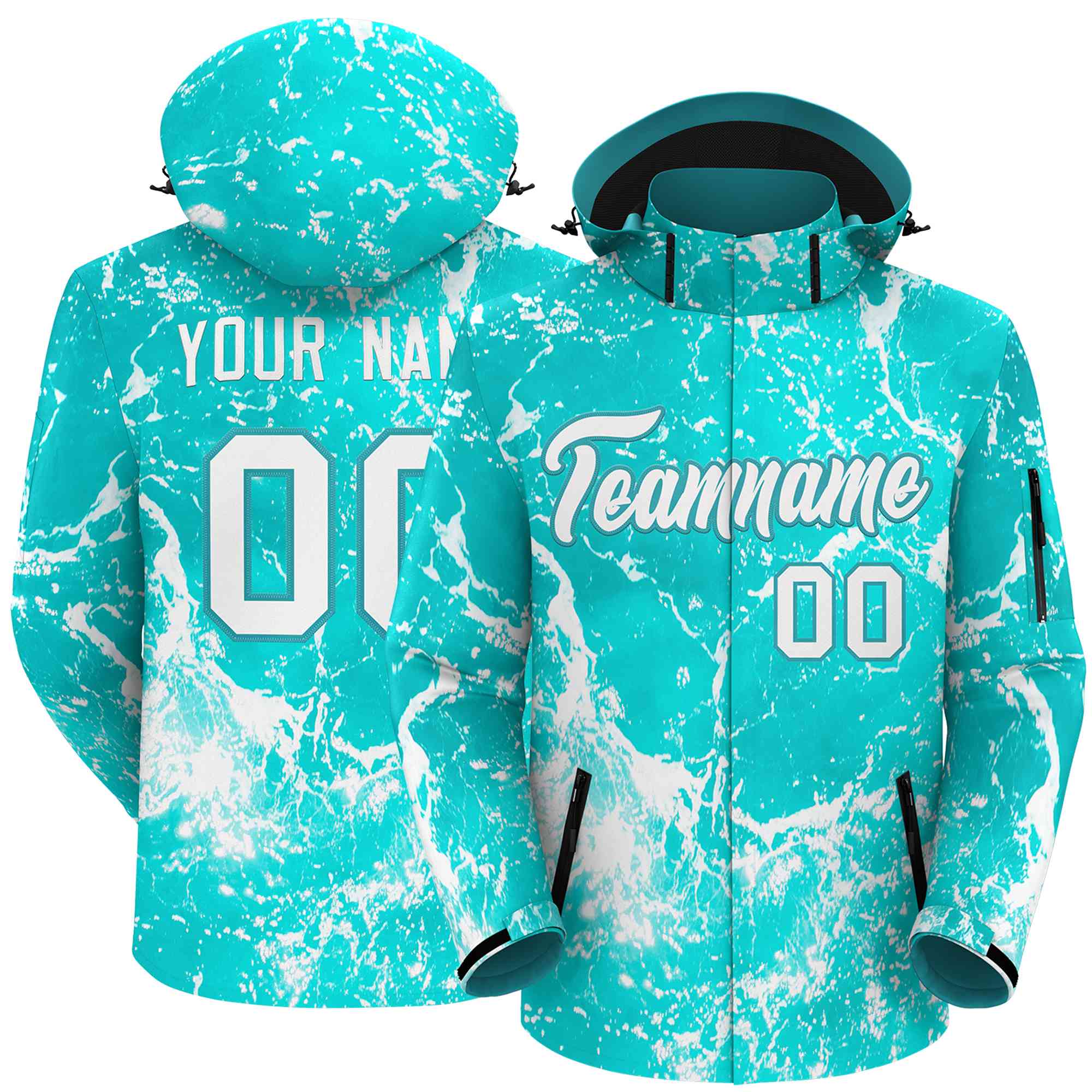 Custom Aqua White Graffiti Pattern Personalized Outdoor Hooded Waterproof Jacket