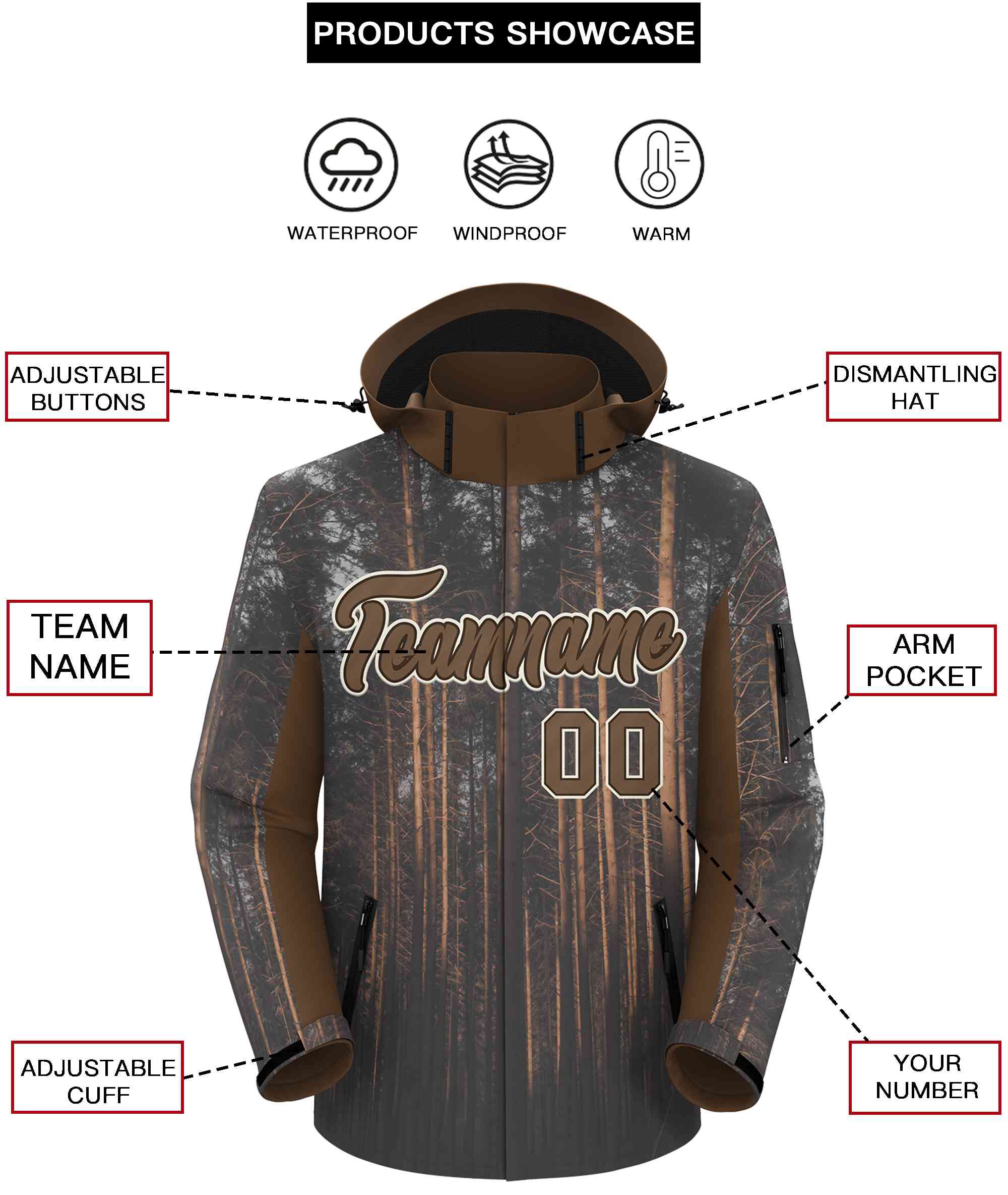 Custom Lt Brown Cream Graffiti Pattern Personalized Outdoor Hooded Waterproof Jacket