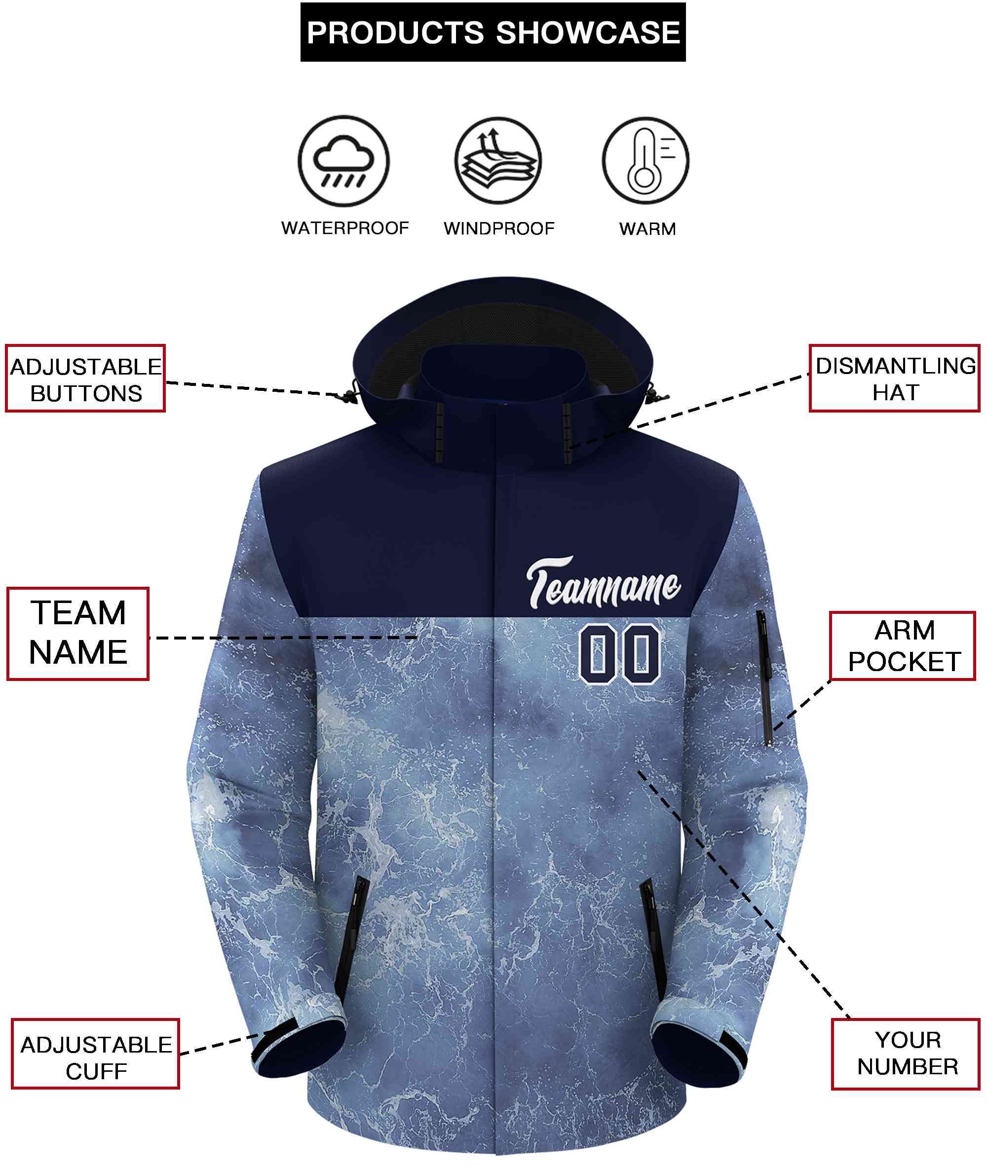 Custom Navy White Graffiti Pattern Personalized Outdoor Hooded Waterproof Jacket