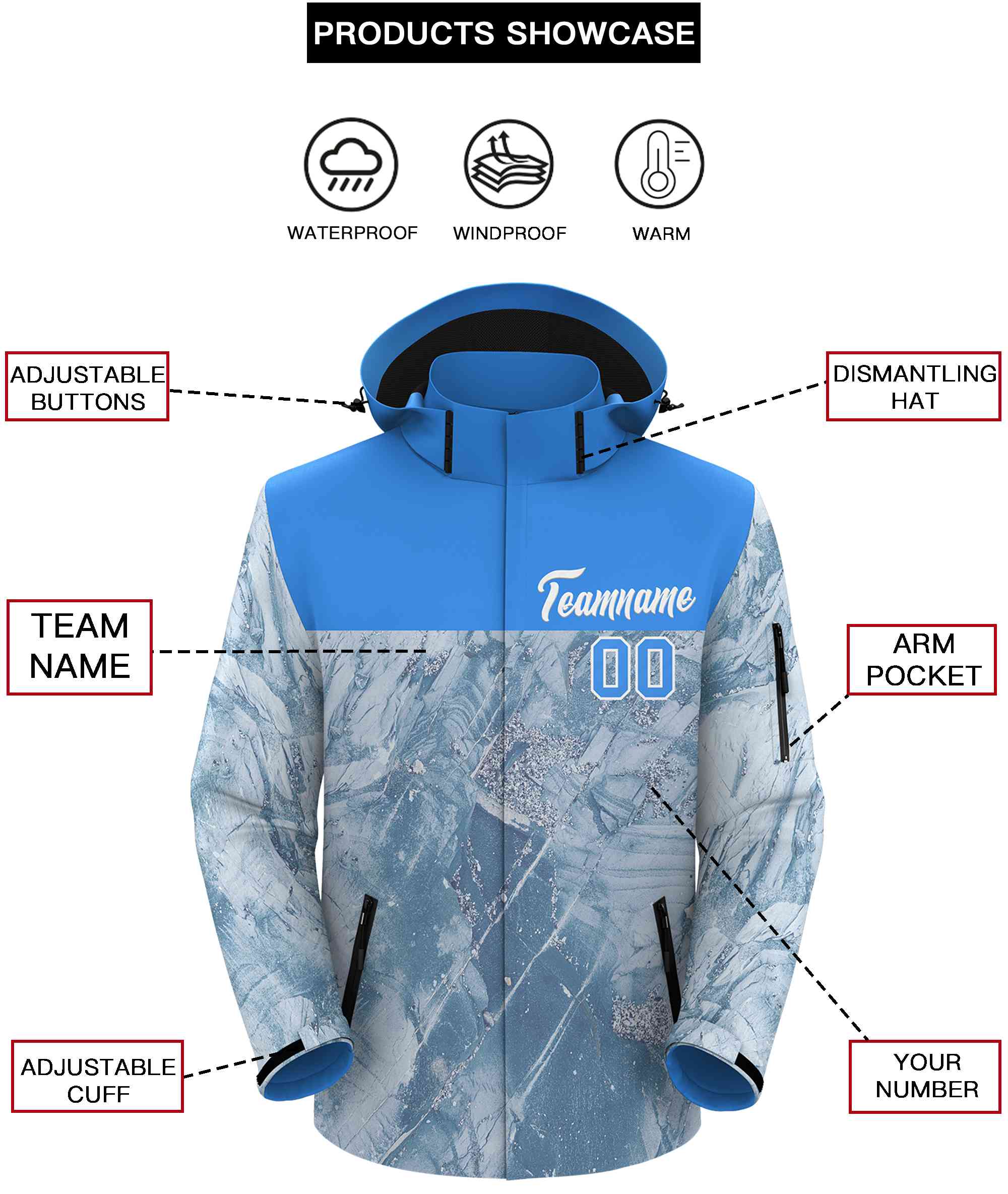 Custom Powder Blue White Graffiti Pattern Personalized Outdoor Hooded Waterproof Jacket