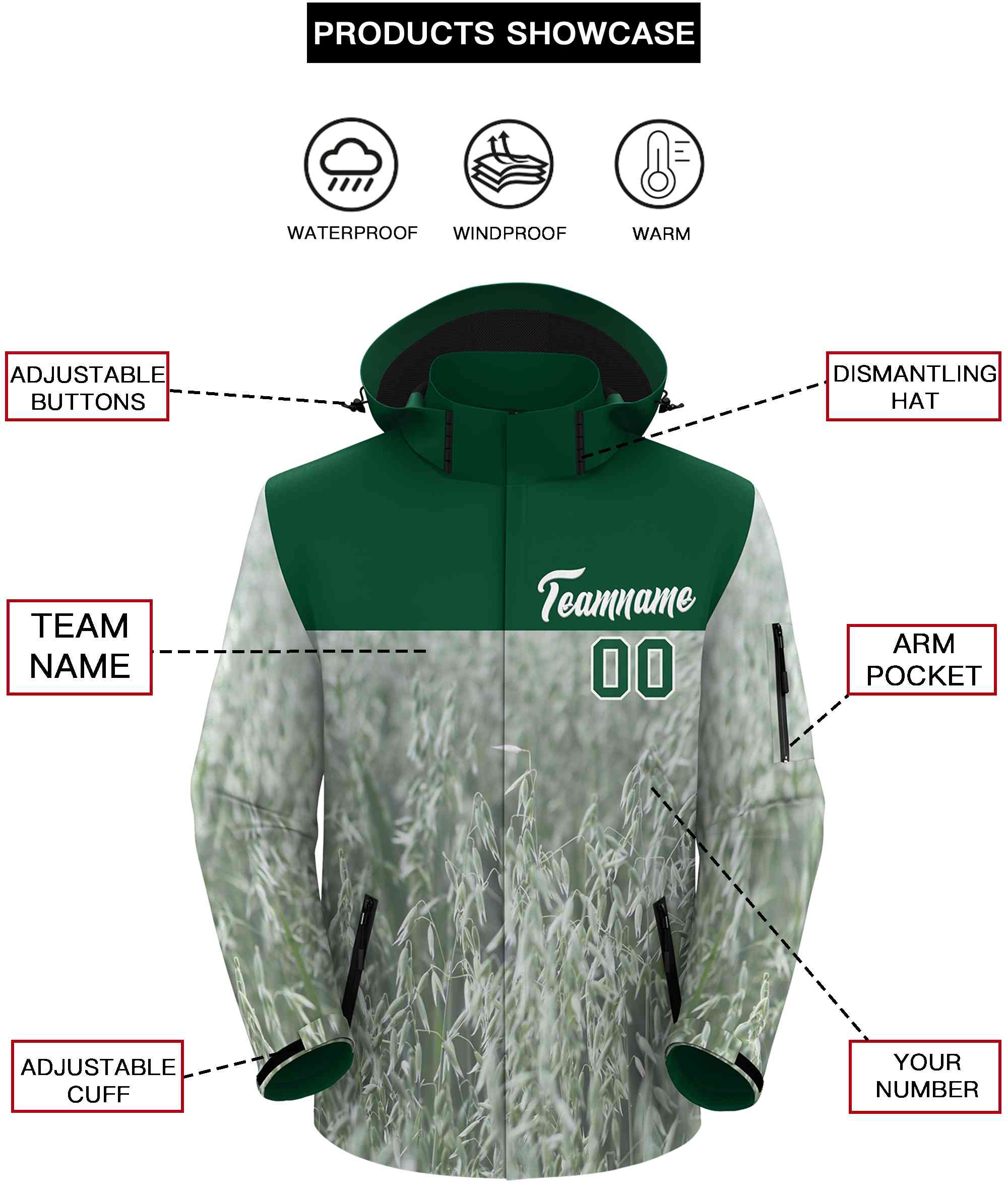 Custom Green White Graffiti Pattern Personalized Outdoor Hooded Waterproof Jacket