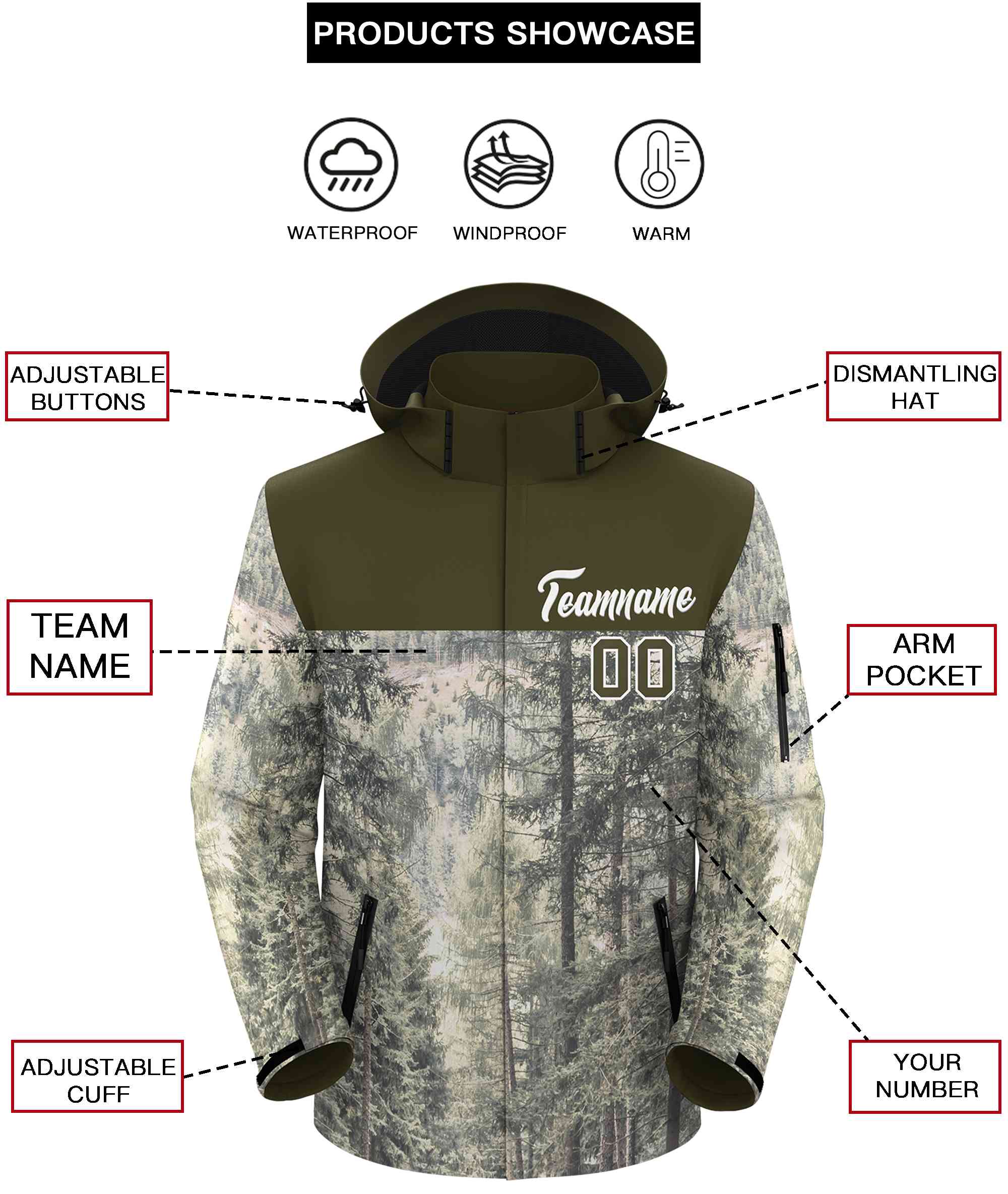 Custom Olive White Graffiti Pattern Personalized Outdoor Hooded Waterproof Jacket