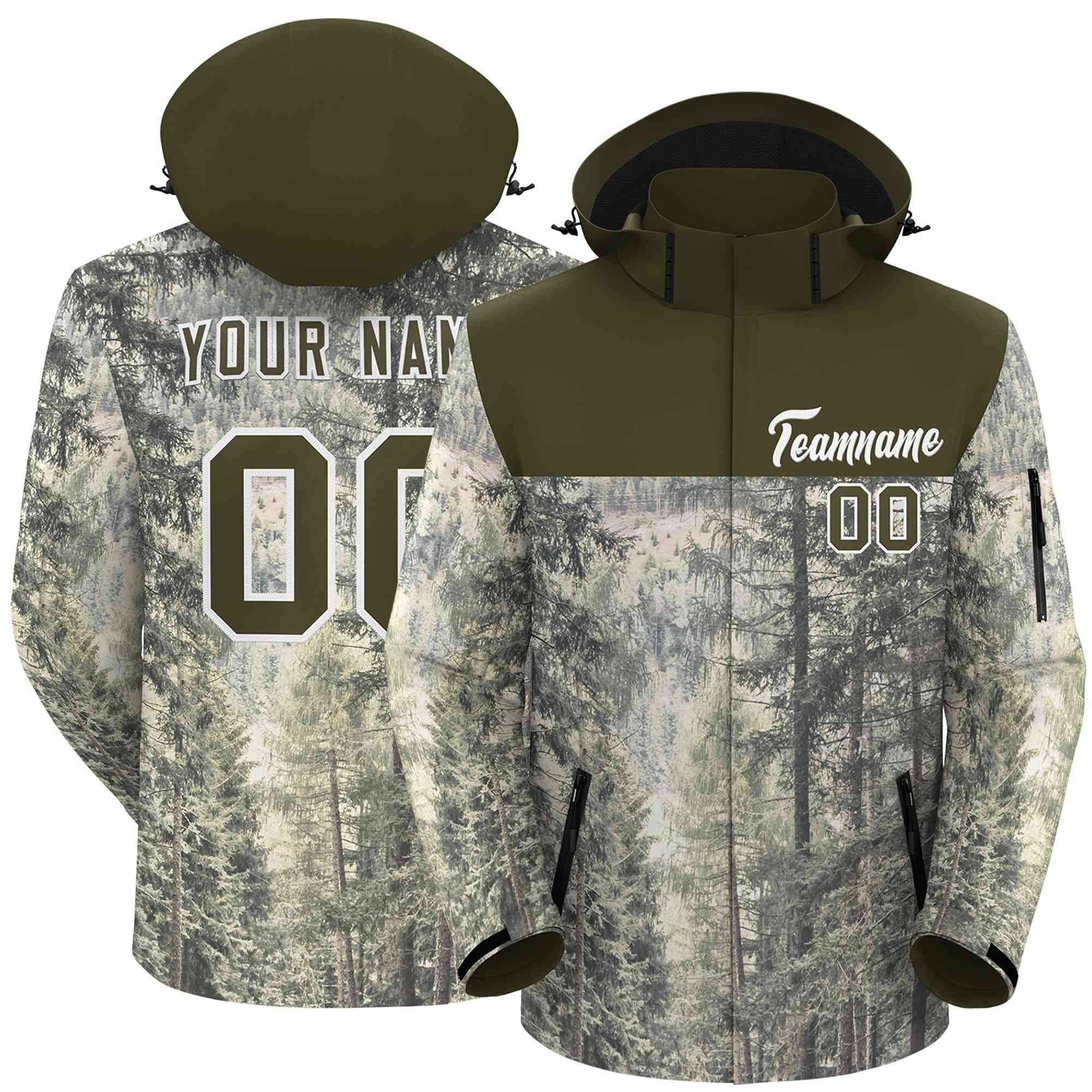 Custom Olive White Graffiti Pattern Personalized Outdoor Hooded Waterproof Jacket