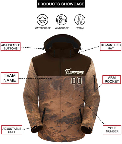 Custom Brown Cream Graffiti Pattern Personalized Outdoor Hooded Waterproof Jacket