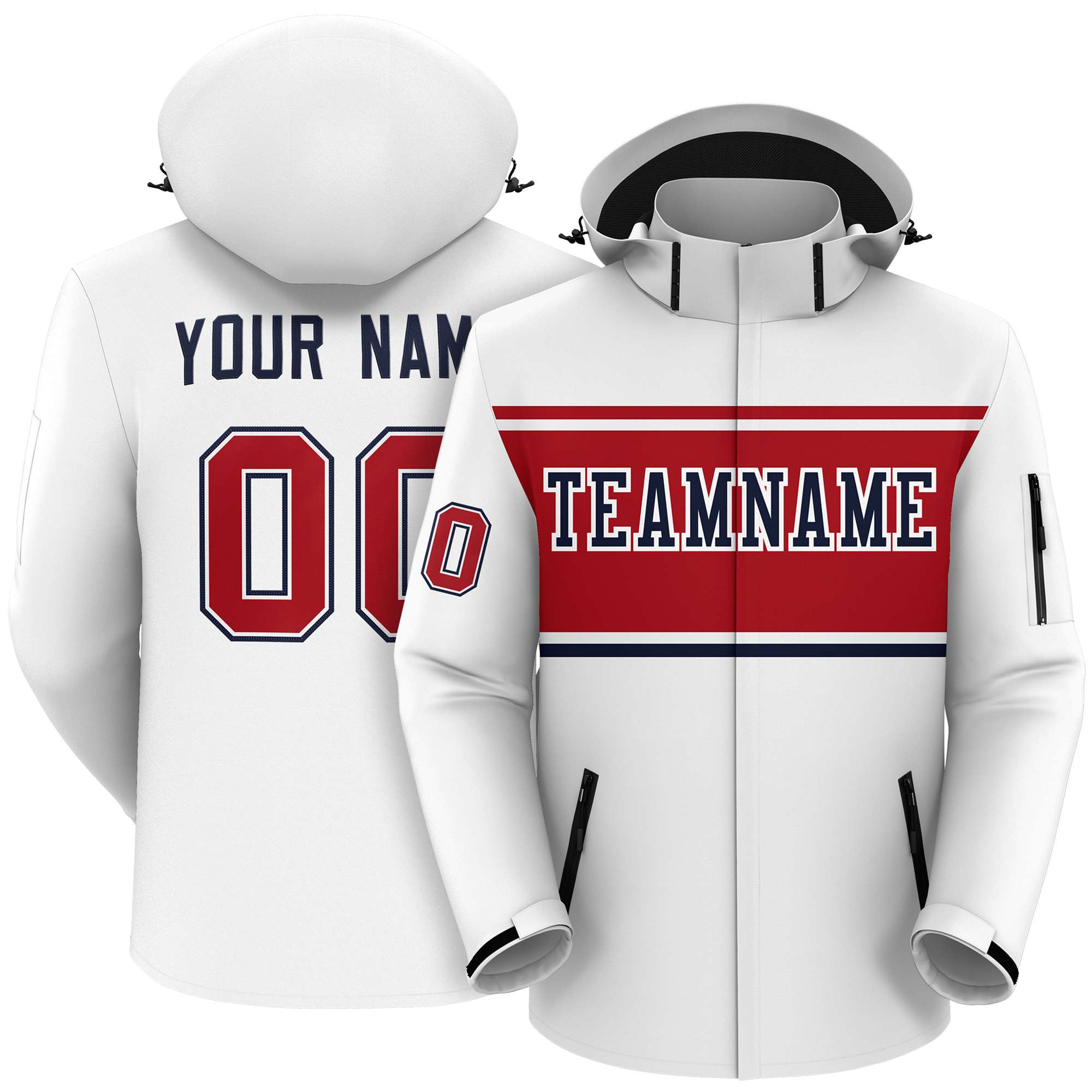 Custom White Red-Navy Color Block Personalized Outdoor Hooded Waterproof Jacket