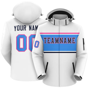 Custom White Pink-Powder Blue Color Block Personalized Outdoor Hooded Waterproof Jacket