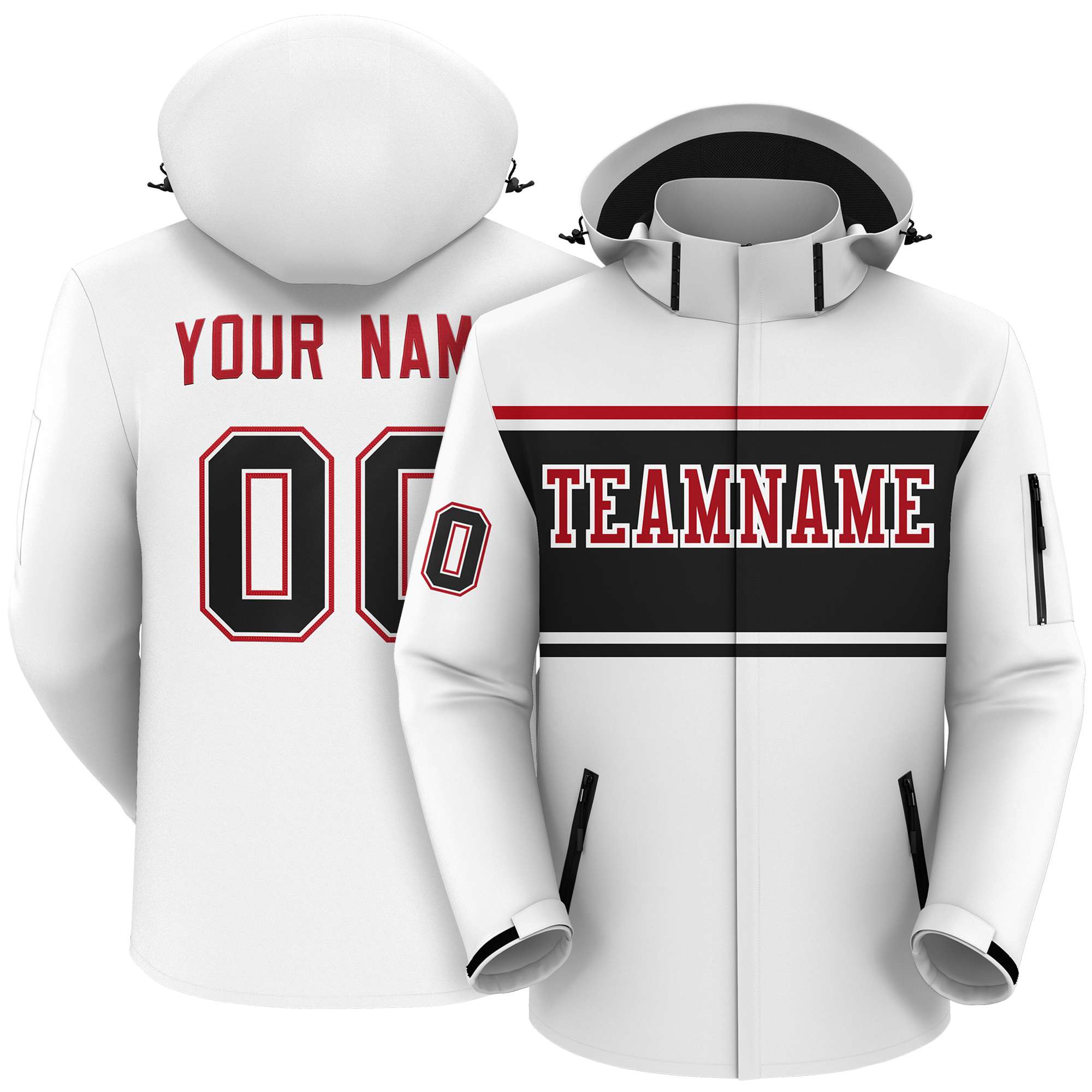 Custom White Red-Black Color Block Personalized Outdoor Hooded Waterproof Jacket