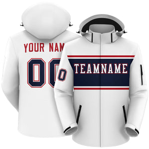 Custom White Red-Navy Color Block Personalized Outdoor Hooded Waterproof Jacket