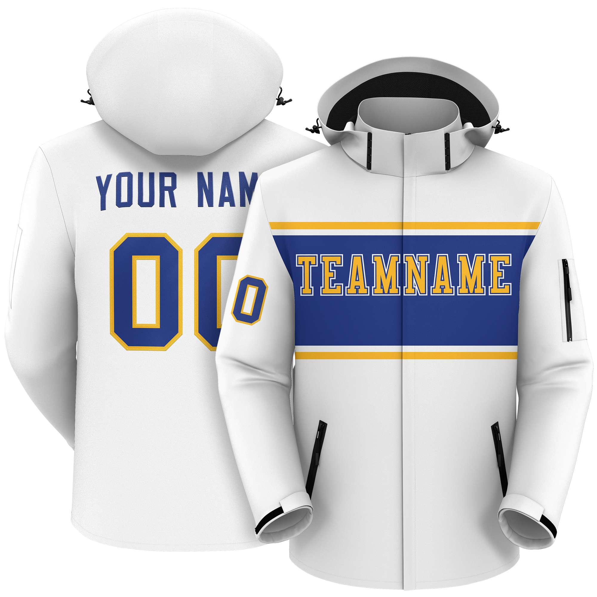 Custom White Gold-Royal Color Block Personalized Outdoor Hooded Waterproof Jacket